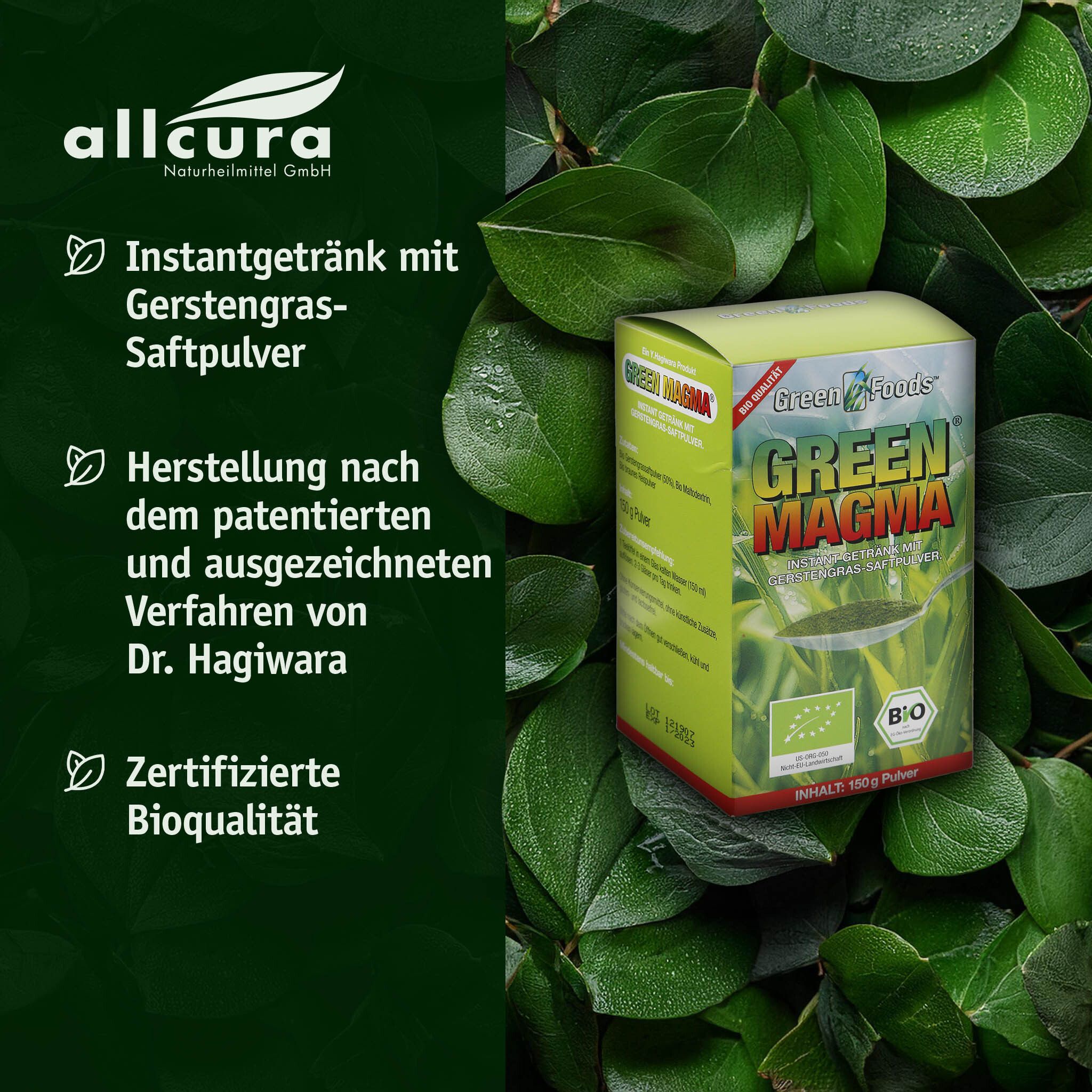Produkt Green Magma in grüner Umgebung. Text: Instantgetränk, Bioqualität, Dr. Hagiwara, Bio-Siegel.
