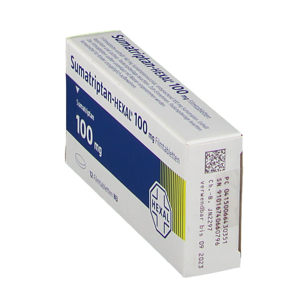 Schachtel Sumatriptan-HEXAL 100 mg Filmtabletten, schräg. Blaue und weiße Verpackung mit Produktnamen und HEXAL-Logo. QR-Code und Verfallsdatum.