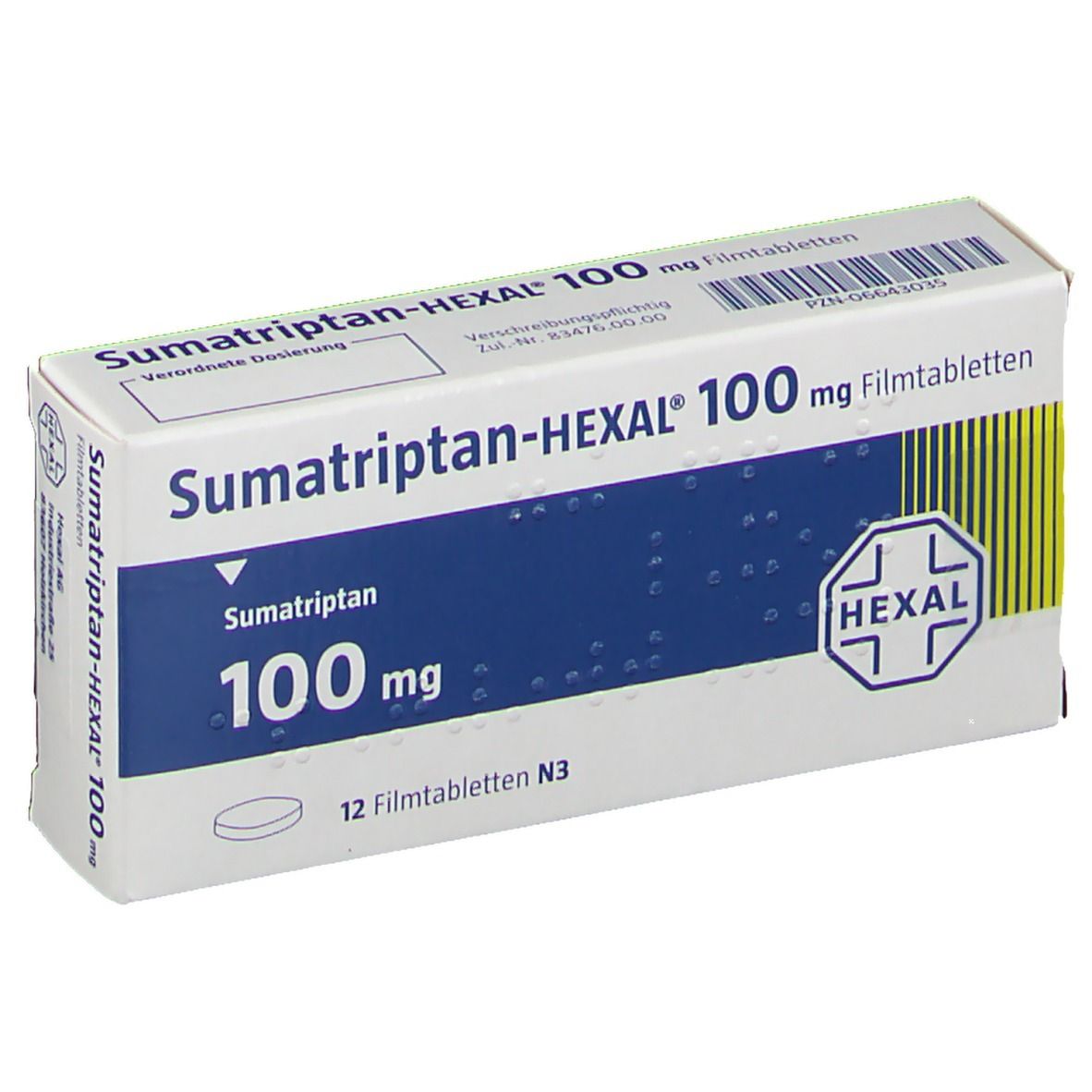 Schachtel Sumatriptan-HEXAL 100 mg Filmtabletten. Blaue und weiße Verpackung mit Produktnamen und HEXAL-Logo. Enthält 12 Tabletten.