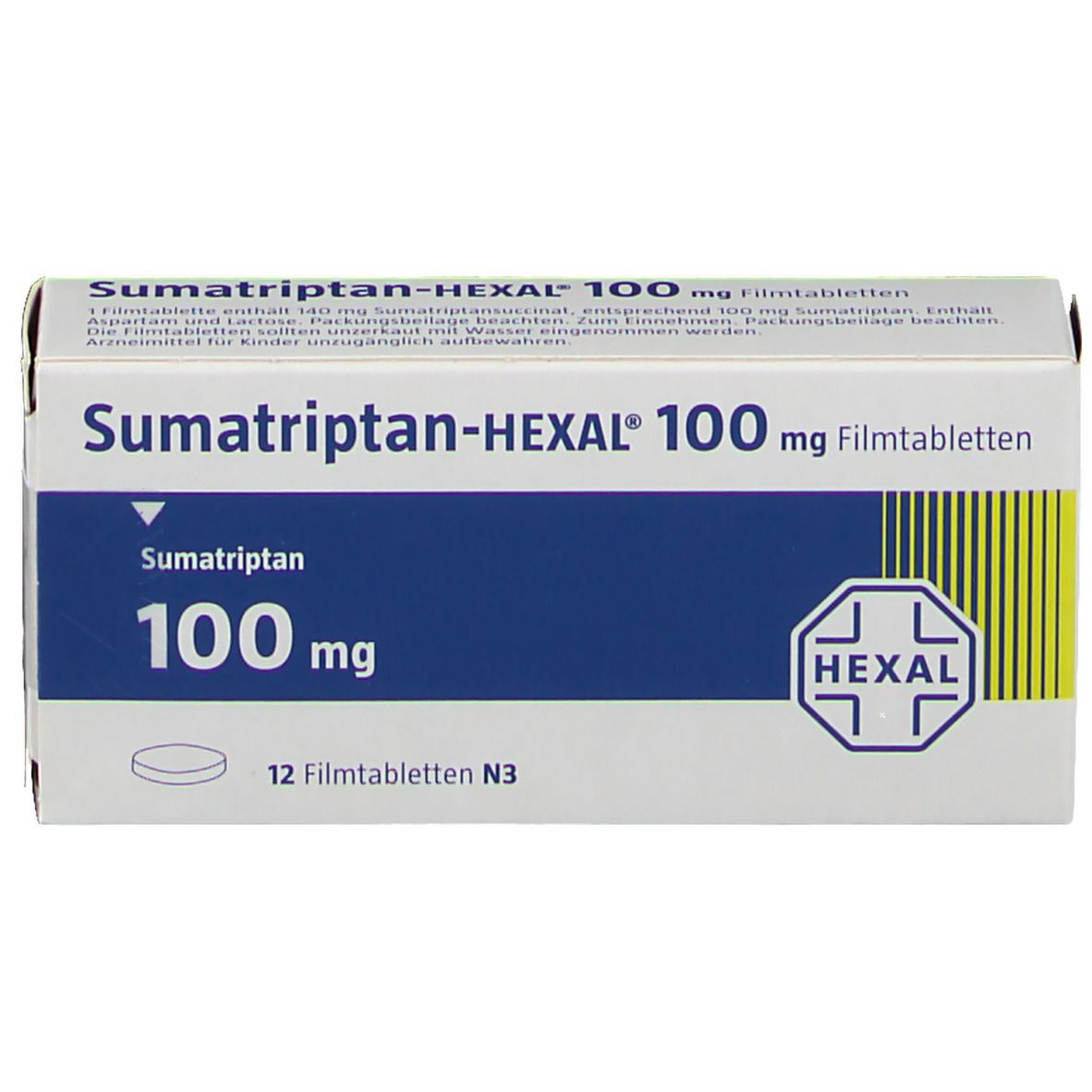 Schachtel Sumatriptan-HEXAL 100 mg Filmtabletten. Blaue und weiße Verpackung mit Produktnamen und HEXAL-Logo. Enthält 12 Tabletten.