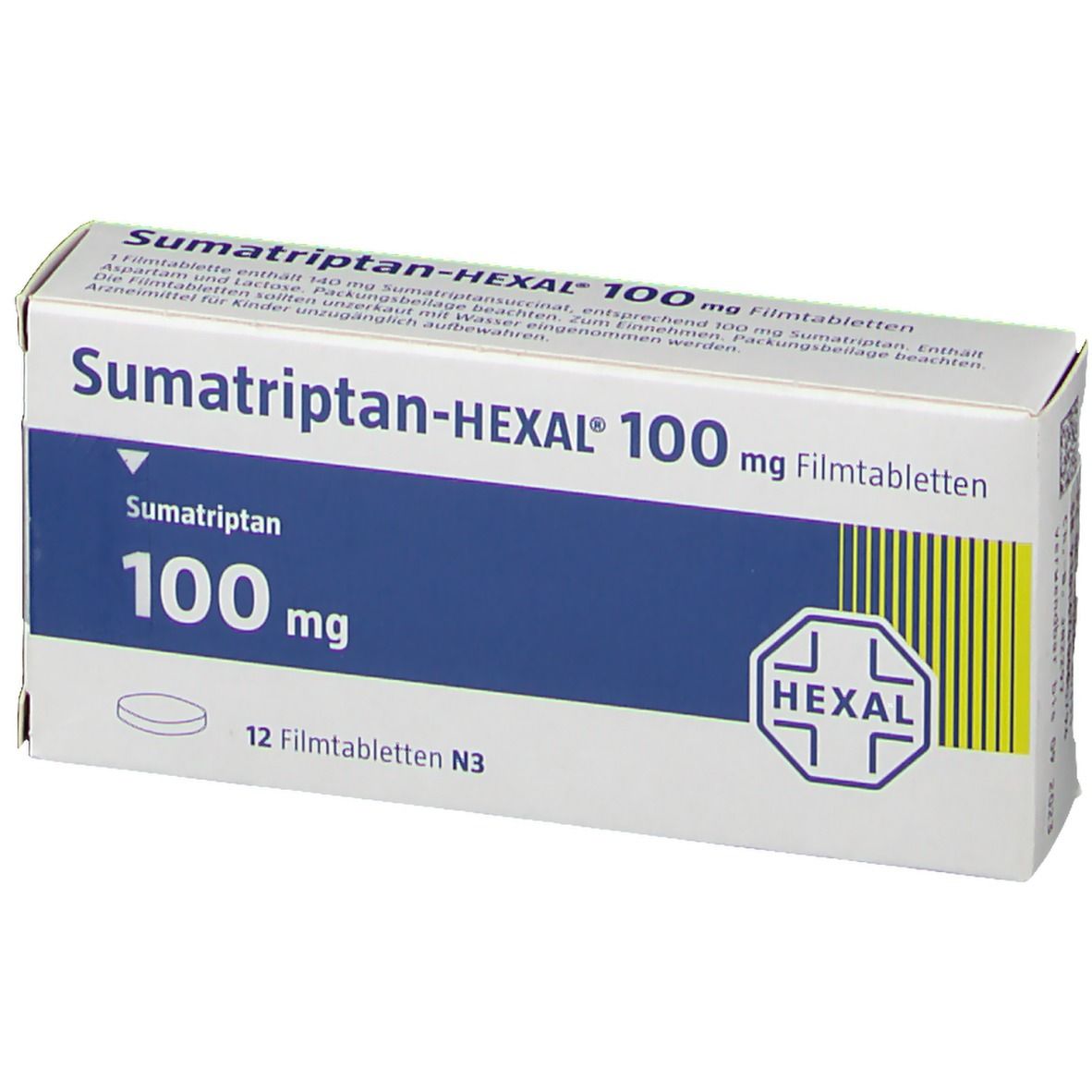 Schachtel Sumatriptan-HEXAL 100 mg Filmtabletten. Blaue und weiße Verpackung mit Produktnamen und HEXAL-Logo. Enthält 12 Tabletten.