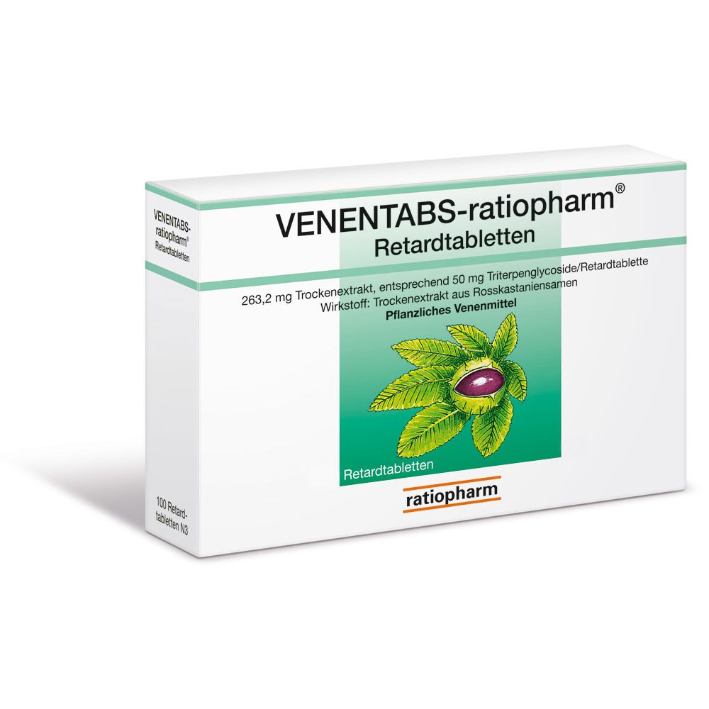 Weiße Schachtel mit "VENENTABS-ratiopharm® Retardtabletten" Aufdruck. Grün-weißes Design mit Rosskastanien-Illustration.