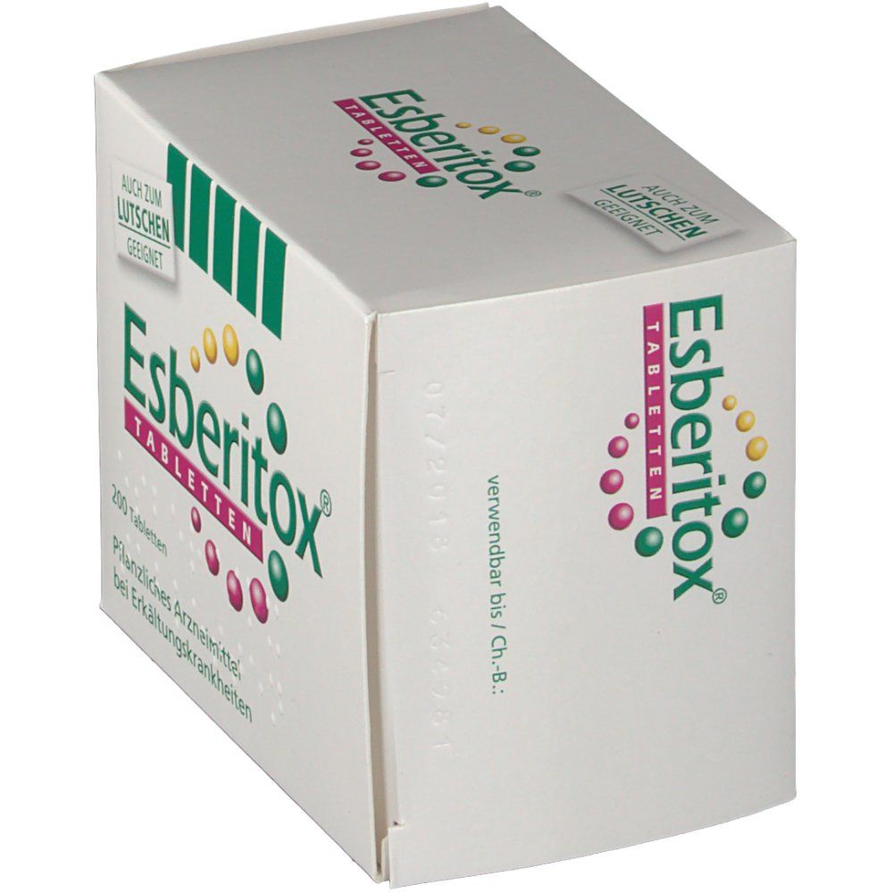 Schachtel Esberitox Tabletten, schräg. Aufschrift: 200 Tabletten, pflanzliches Arzneimittel bei Erkältungskrankheiten.