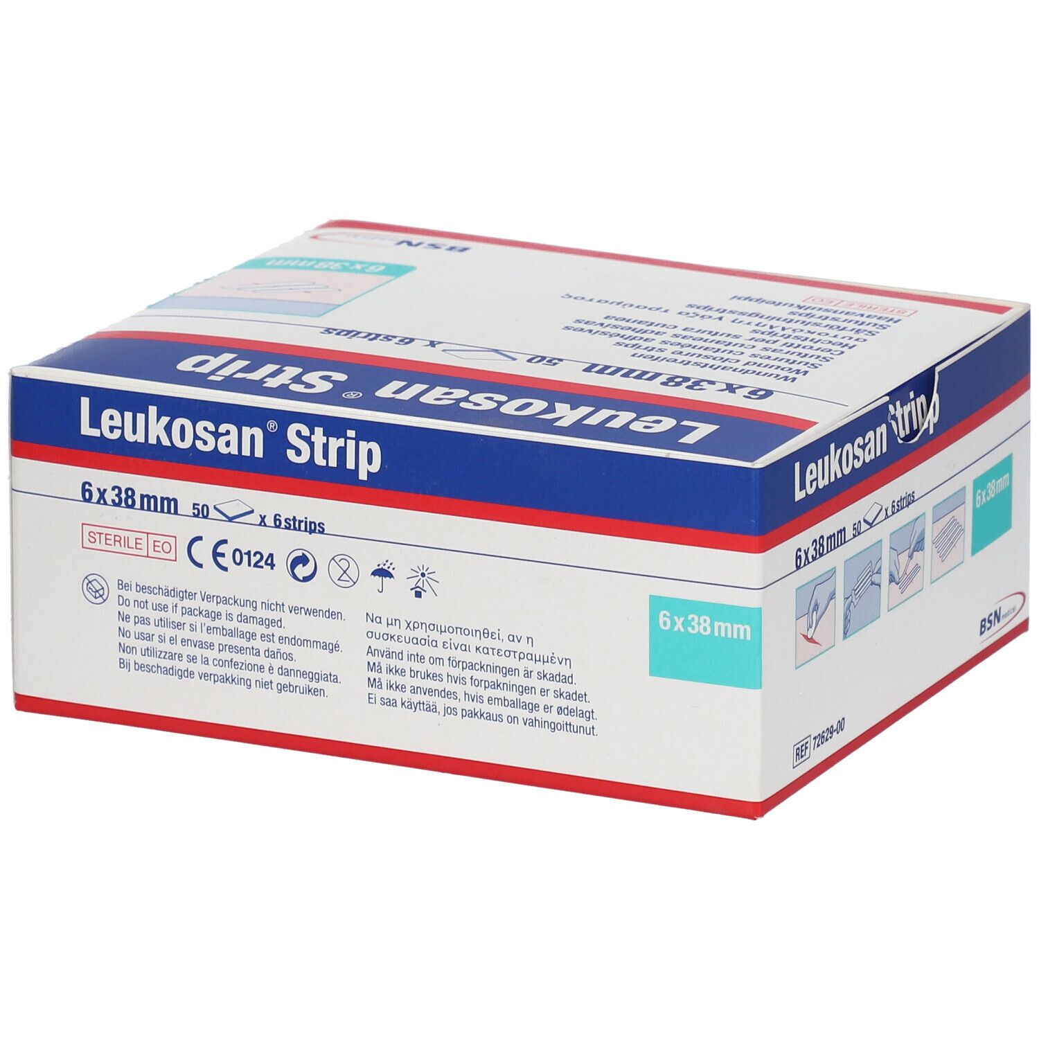 Verpackung Leukosan® Strip. 6 x 38 mm. 50 x 6 Streifen. Sterile EO. CE 0124. BSN medical. Piktogramme.