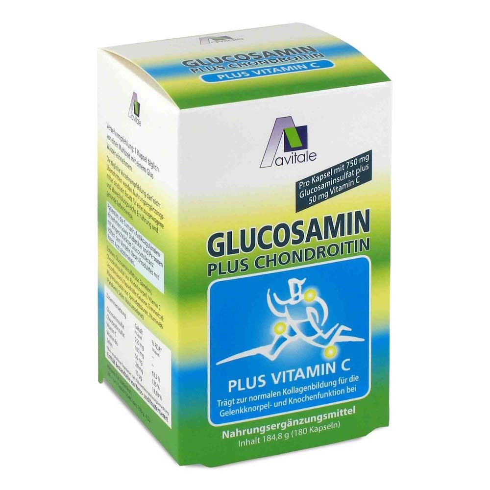 Karton mit Avitale Glucosamin Plus Chondroitin. Enthält 180 Kapseln. Aufschrift: Glucosamin, Chondroitin, Vitamin C.