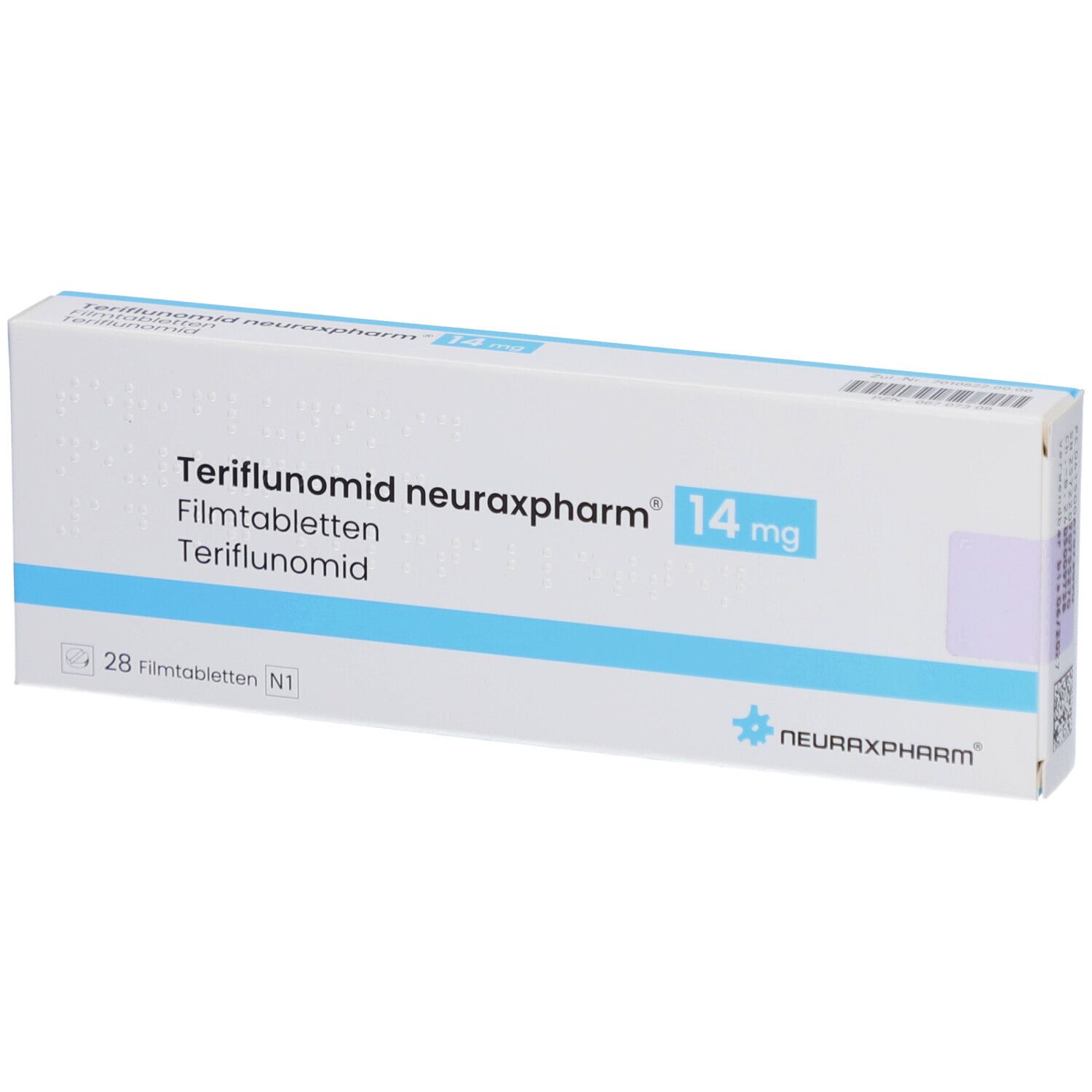 TERIFLUNOMID neuraxpharm 14 mg Filmtabletten Schachtel. Blaue und weiße Verpackung. Text: 28 Filmtabletten.