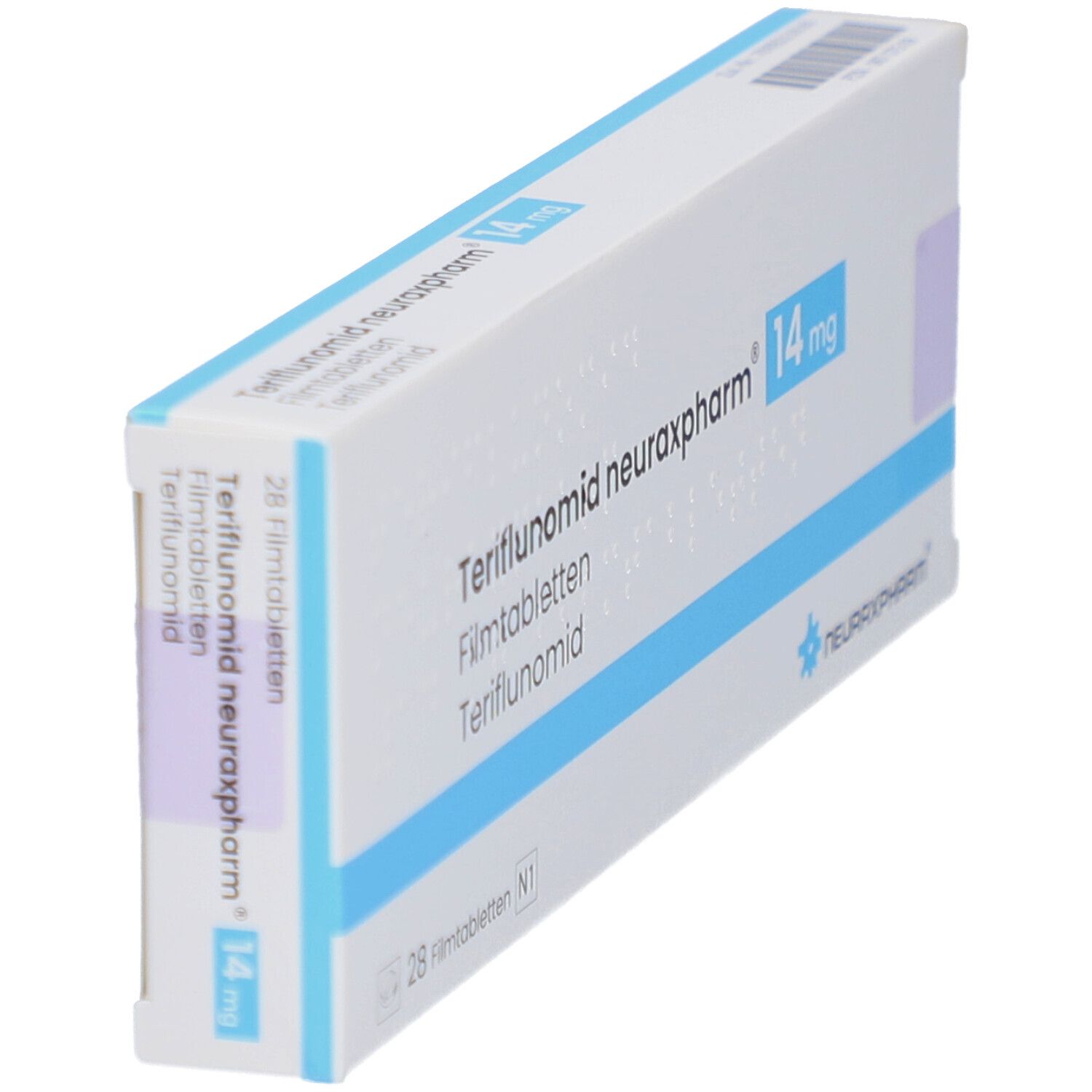 TERIFLUNOMID neuraxpharm 14 mg Filmtabletten Schachtel. Blaue und weiße Verpackung. Text: 28 Filmtabletten.