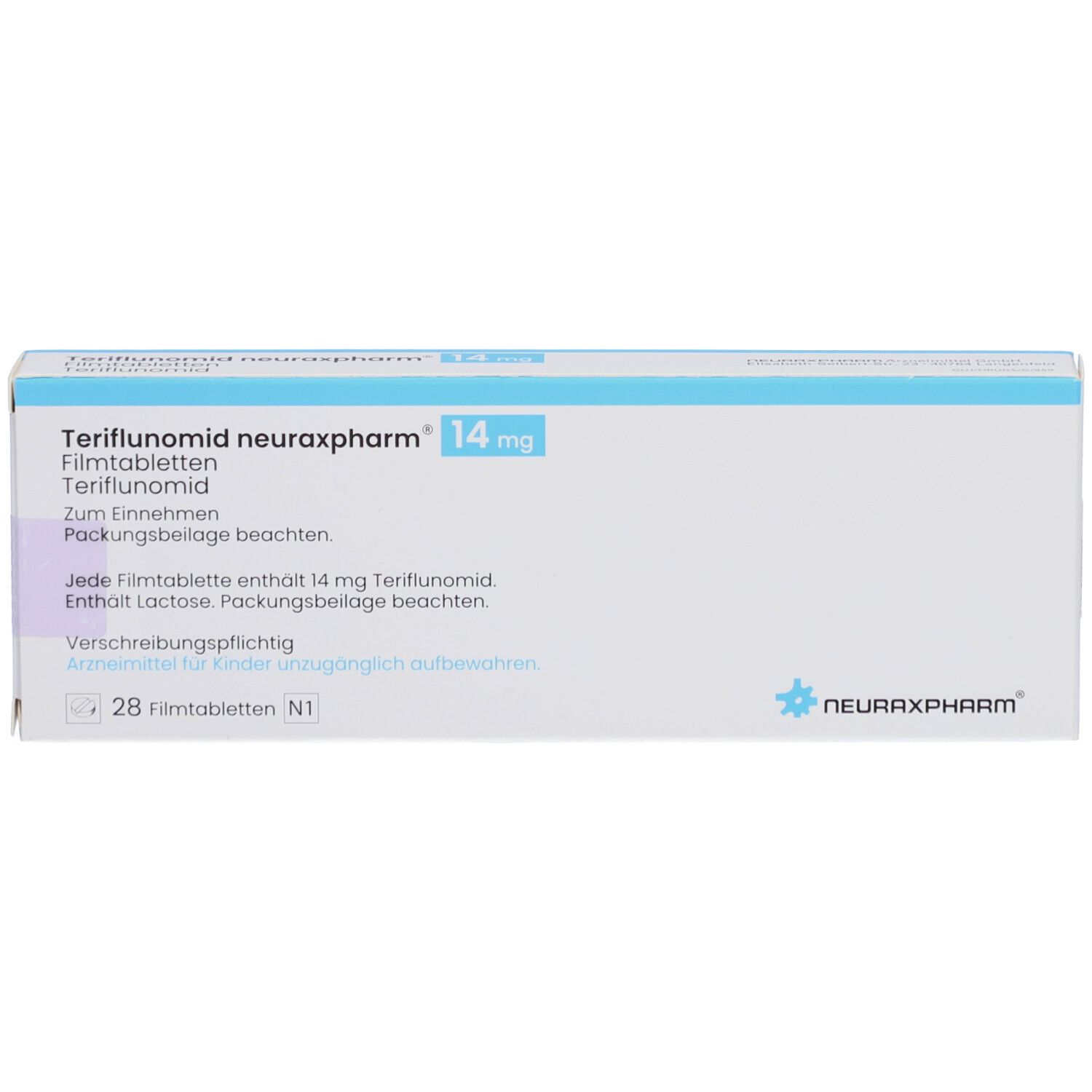 TERIFLUNOMID neuraxpharm 14 mg Filmtabletten Schachtel. Blaue und weiße Verpackung. Text: 28 Filmtabletten.