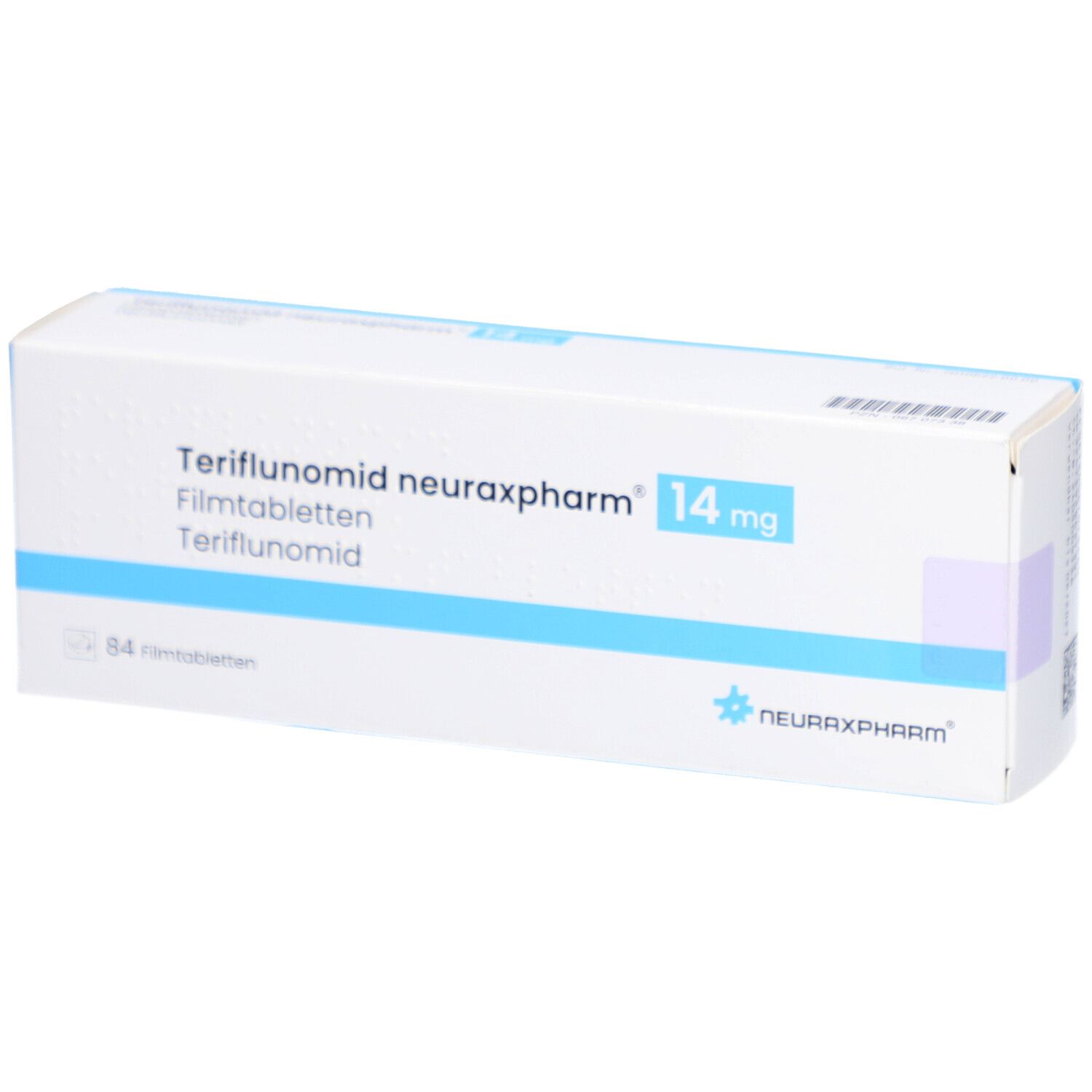 Schachtel TERIFLUNOMID neuraxpharm 14 mg Filmtabletten. Weiße Verpackung mit blauer Schrift. Enthält 84 Filmtabletten.