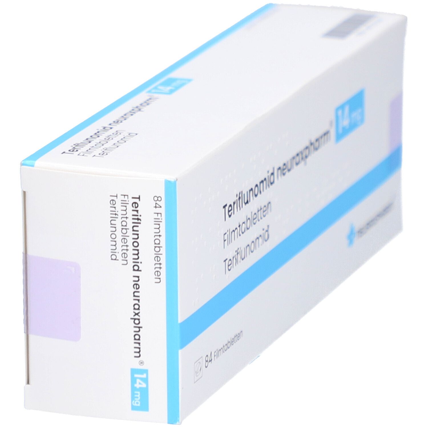 Schachtel TERIFLUNOMID neuraxpharm 14 mg Filmtabletten. Weiße Verpackung mit blauer Schrift. Enthält 84 Filmtabletten.