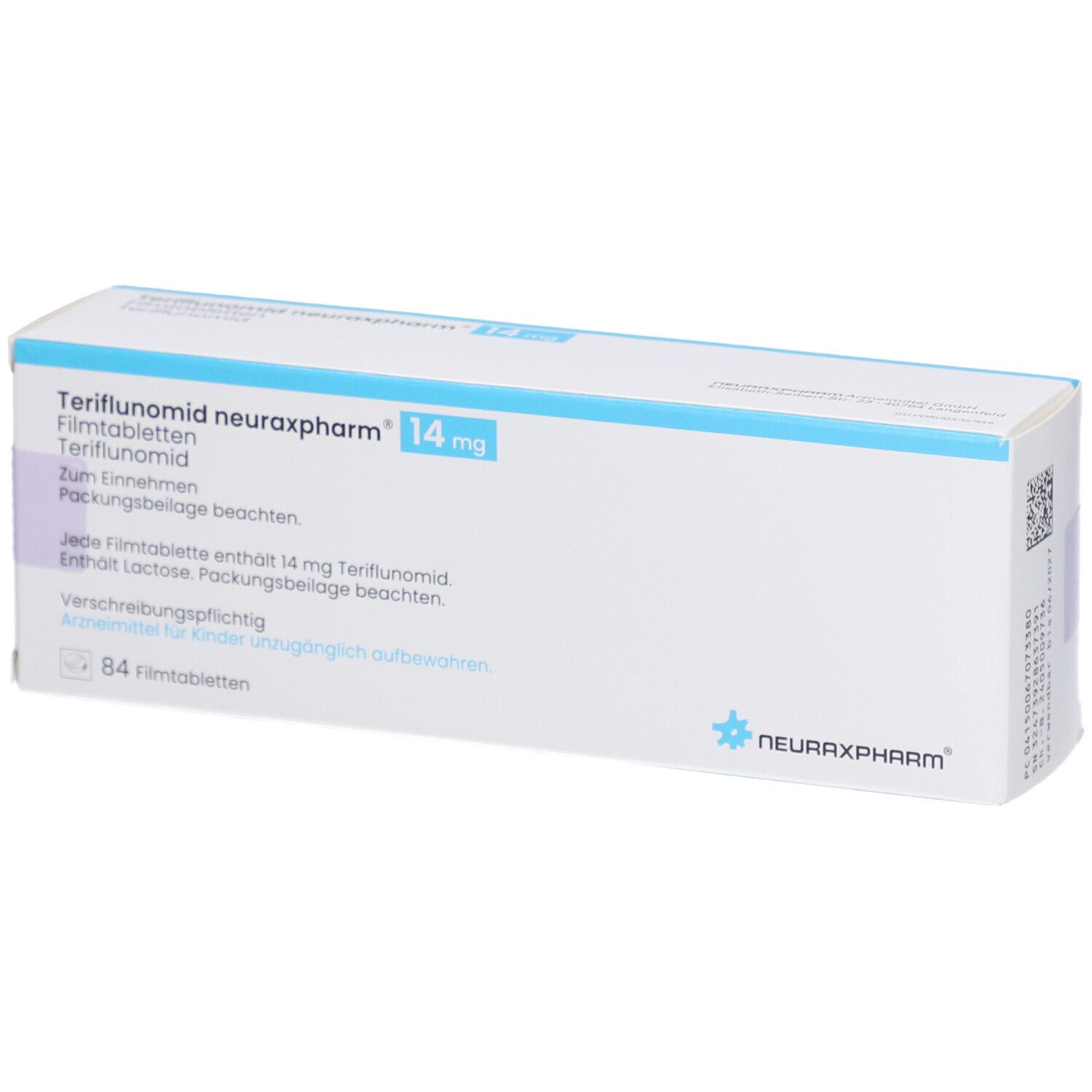 Schachtel TERIFLUNOMID neuraxpharm 14 mg Filmtabletten. Weiße Verpackung mit blauer Schrift. Enthält 84 Filmtabletten.