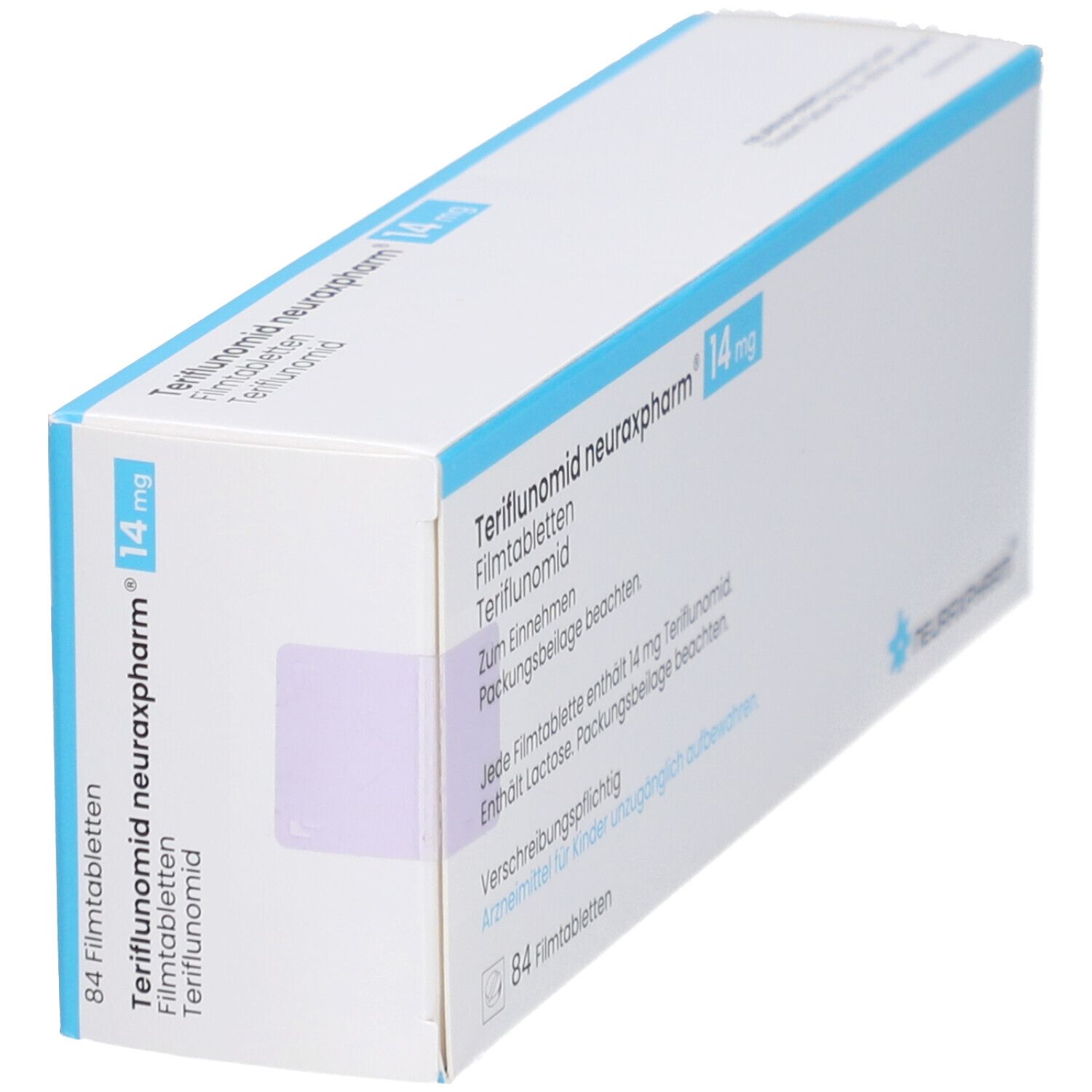 Schachtel TERIFLUNOMID neuraxpharm 14 mg Filmtabletten. Weiße Verpackung mit blauer Schrift. Enthält 84 Filmtabletten.
