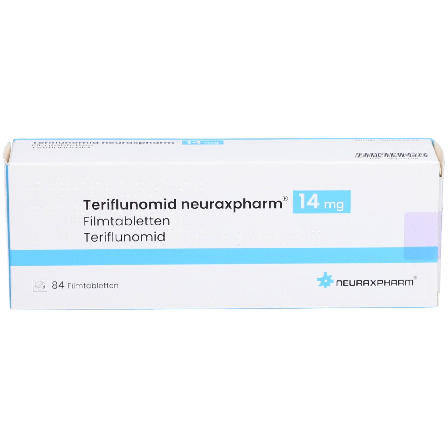 Schachtel TERIFLUNOMID neuraxpharm 14 mg Filmtabletten. Weiße Verpackung mit blauer Schrift. Enthält 84 Filmtabletten.