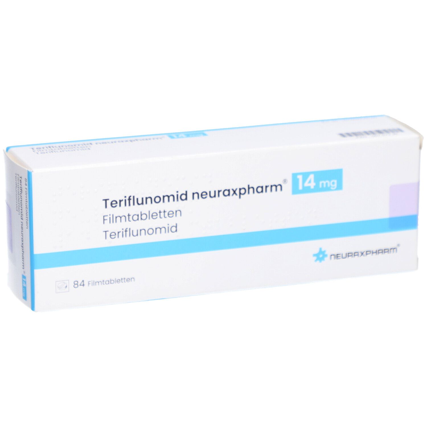 Schachtel TERIFLUNOMID neuraxpharm 14 mg Filmtabletten. Weiße Verpackung mit blauer Schrift. Enthält 84 Filmtabletten.