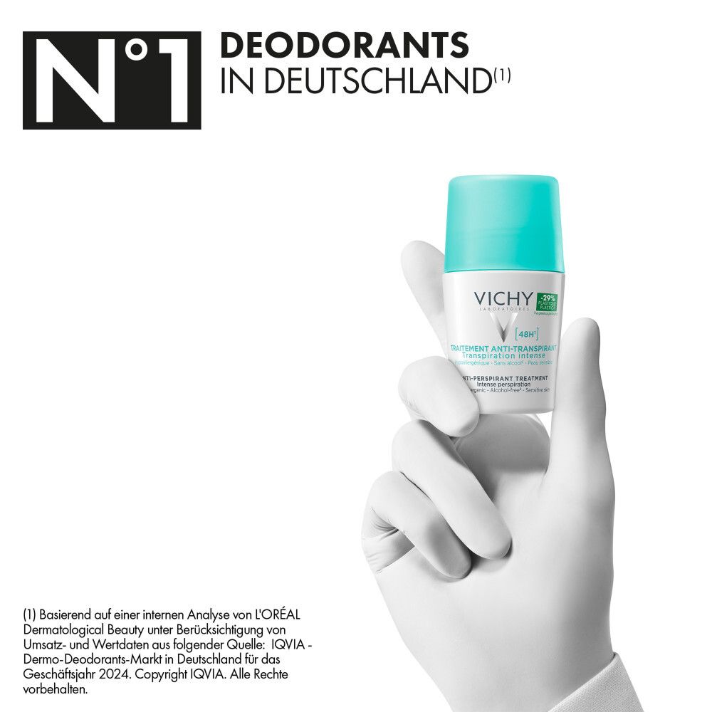 Hand hält Vichy Anti-Transpirant Roll-On. Text: Nr. 1 Deodorants in Deutschland.