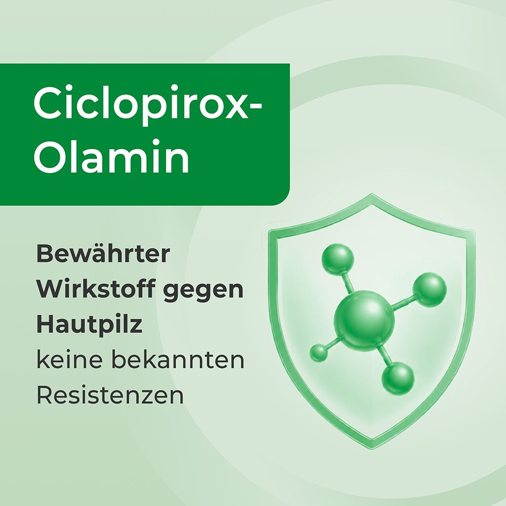Selergo: Ciclopirox-Olamine, bewährter Wirkstoff gegen Hautpilz ohne bekannte Resistenzen. Schutzschild-Symbol.