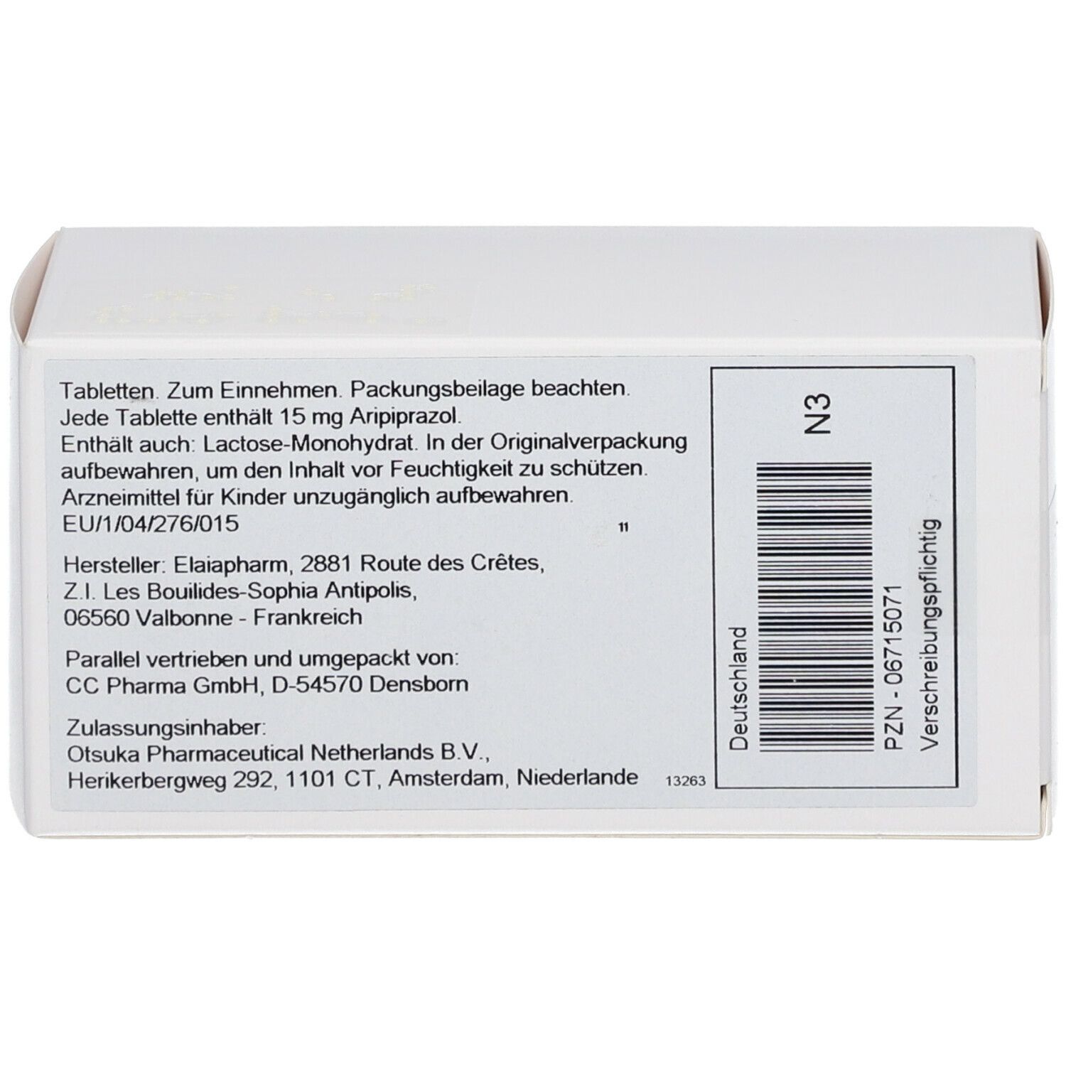 Weiße Tablettenpackung mit Text. Enthält Informationen zu Inhaltsstoffen, Hersteller und Zulassung. Barcode und PZN-Nummer sichtbar.