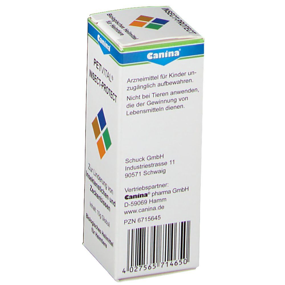 Karton PETVITAL INSECT-PROTECT. Rückseite mit Herstellerinformationen, Barcode und Warnhinweisen. Aufschrift: Canina Pharma GmbH, www.canina.de.