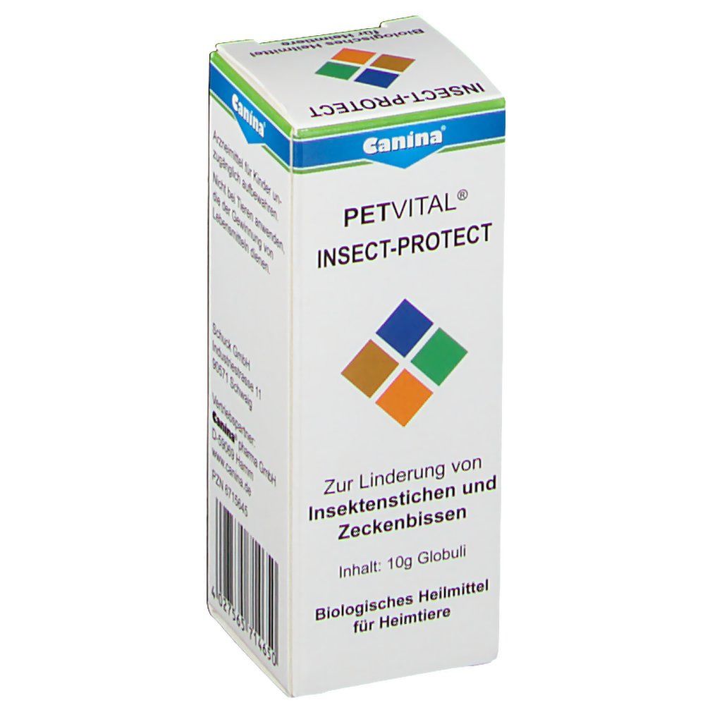 Karton PETVITAL INSECT-PROTECT. Aufschrift: Canina, biologisches Heilmittel für Heimtiere. Inhalt: 10g Globuli. Zur Linderung von Insektenstichen und Zeckenbissen.