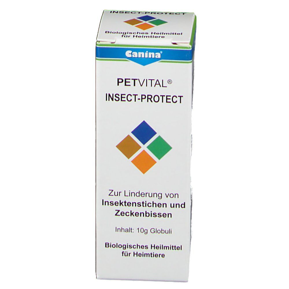 Karton PETVITAL INSECT-PROTECT. Aufschrift: Canina, biologisches Heilmittel für Heimtiere. Inhalt: 10g Globuli. Zur Linderung von Insektenstichen und Zeckenbissen.