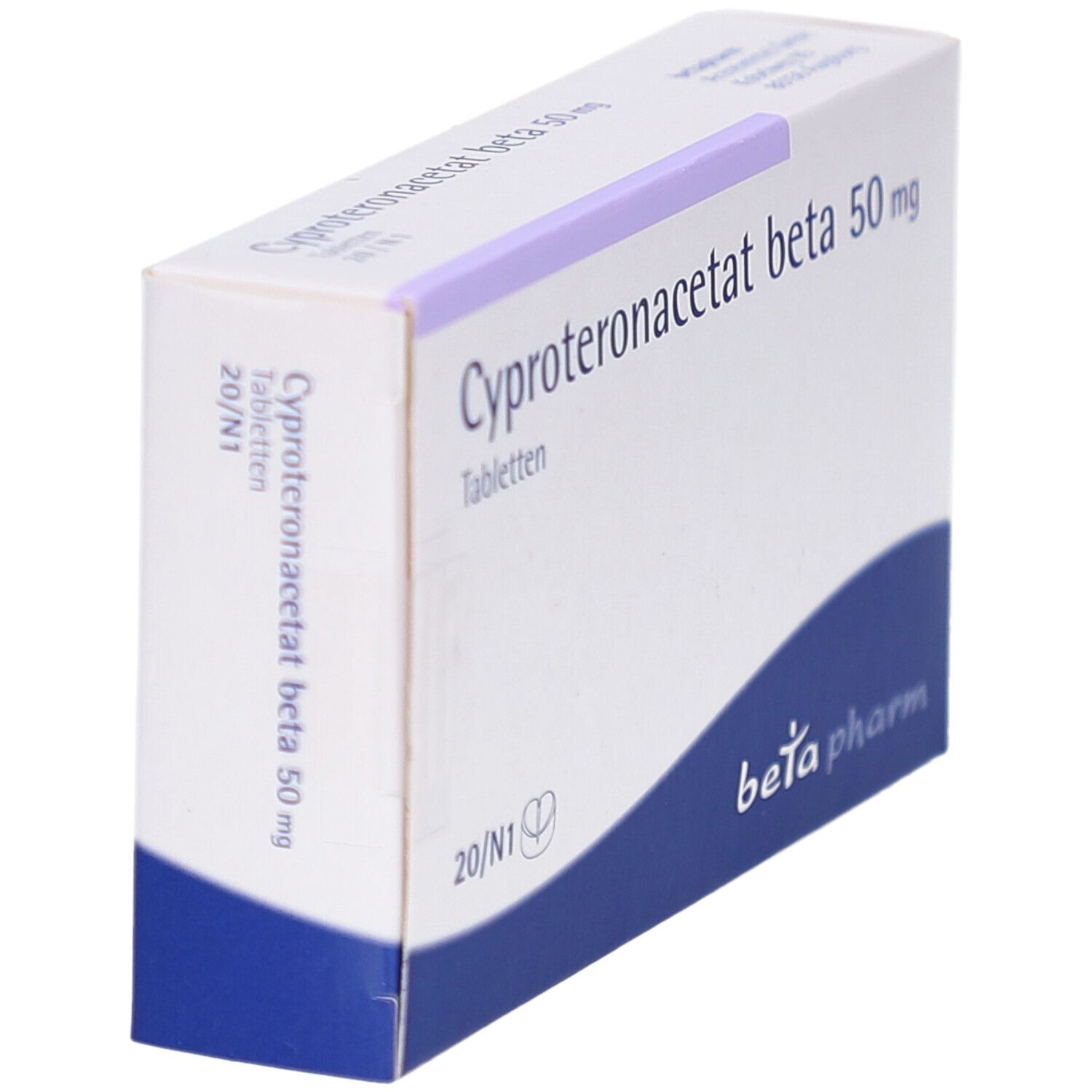 Schachtel mit Tabletten. Aufschrift: Cyproteronacetat beta 50 mg. Blaue und weiße Verpackung. Beta pharm Logo.