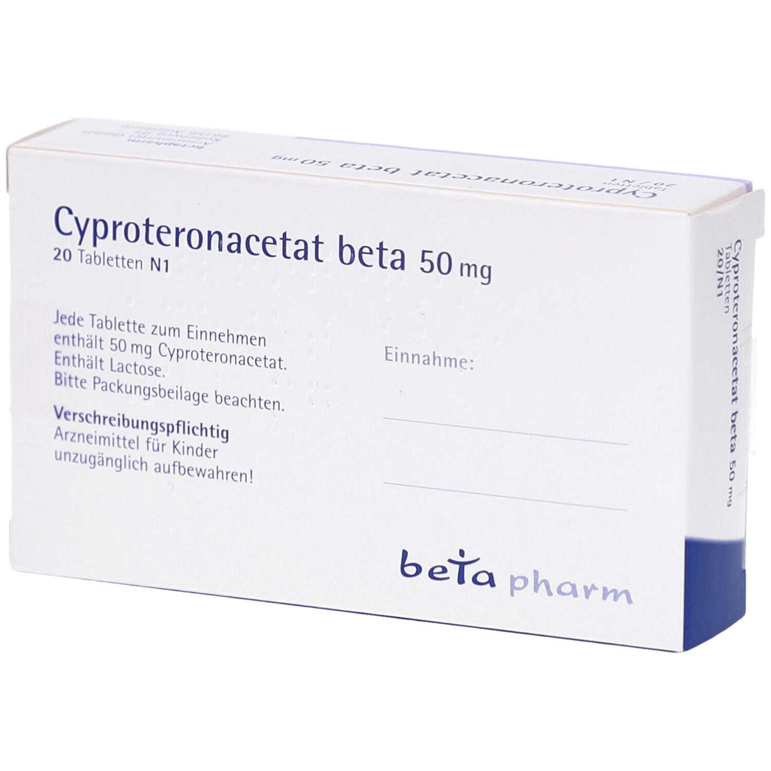 Schachtel mit Tabletten. Aufschrift: Cyproteronacetat beta 50 mg. Blaue und weiße Verpackung. Beta pharm Logo.