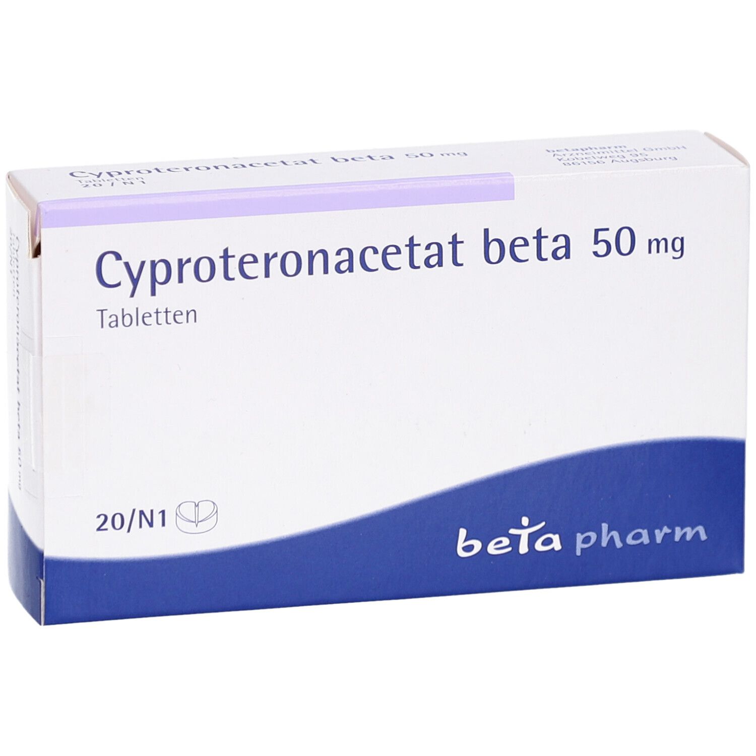 Schachtel mit Tabletten. Aufschrift: Cyproteronacetat beta 50 mg. Blaue und weiße Verpackung. Beta pharm Logo.