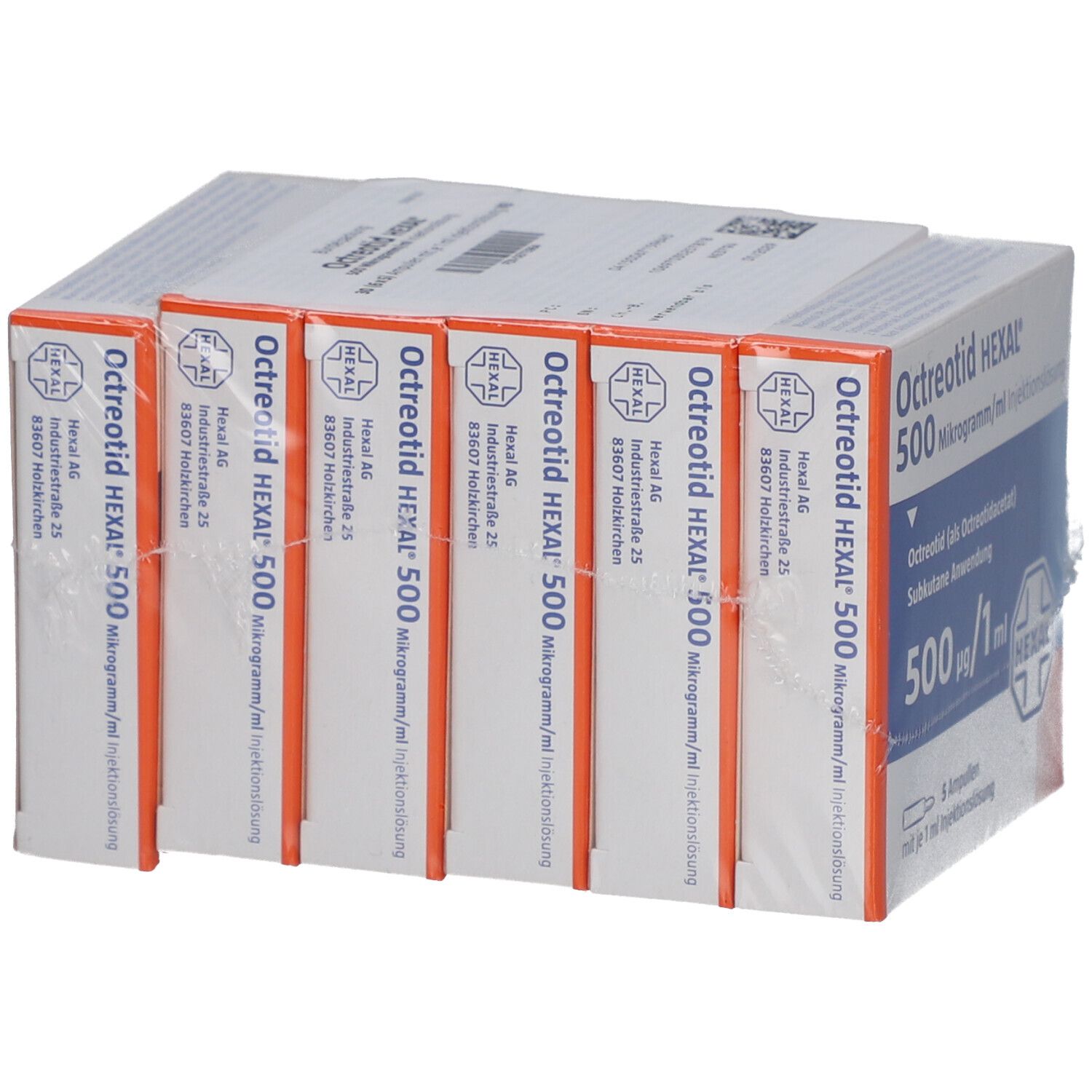 Mehrere verpackte Schachteln Octreotid HEXAL 500 µg/ml. Sichtbar sind Produktnamen, Dosierung und Herstellerinformationen.