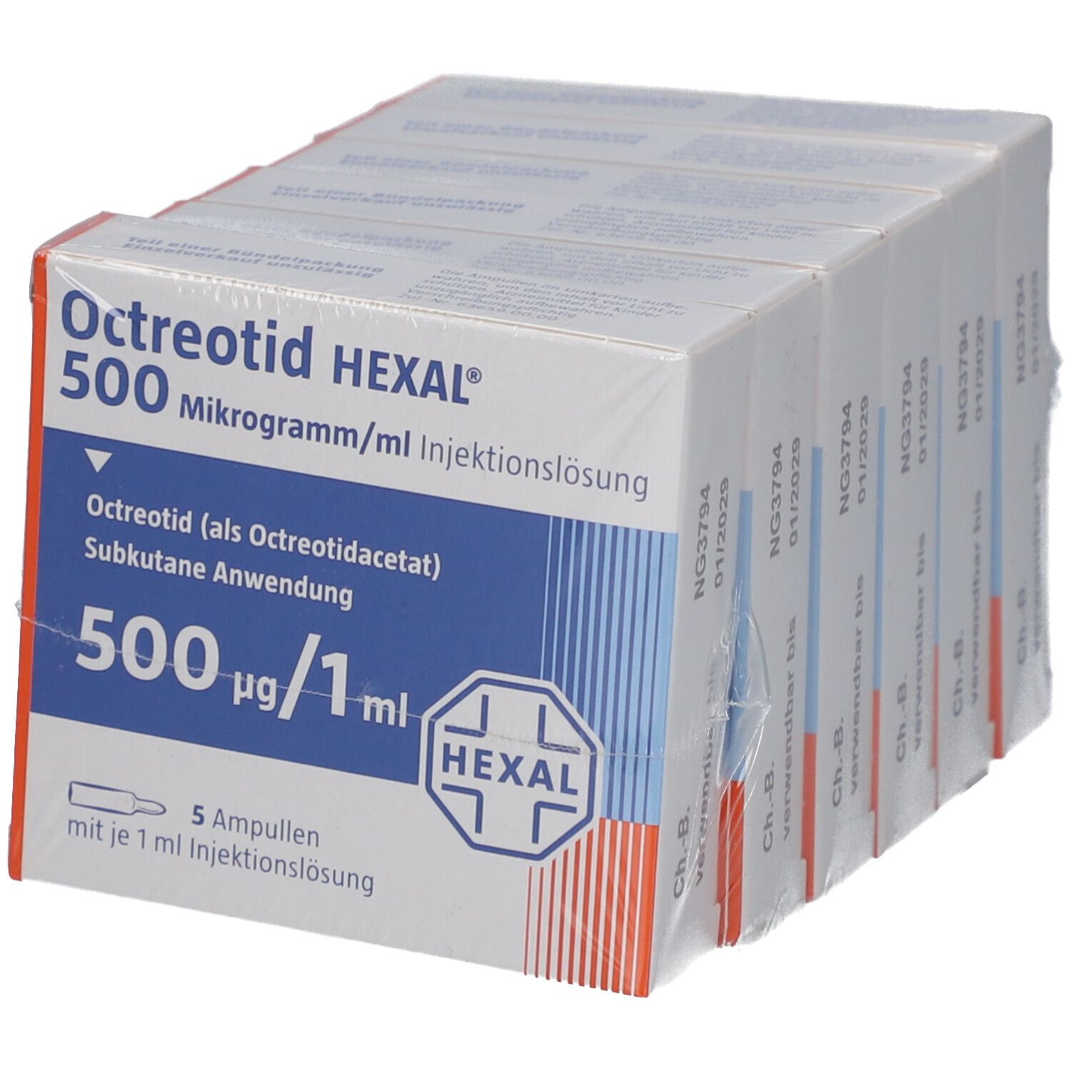 Verpackte Schachteln Octreotid HEXAL 500 µg/ml. Produktname, Dosierung und Herstellerinformationen sind deutlich sichtbar.