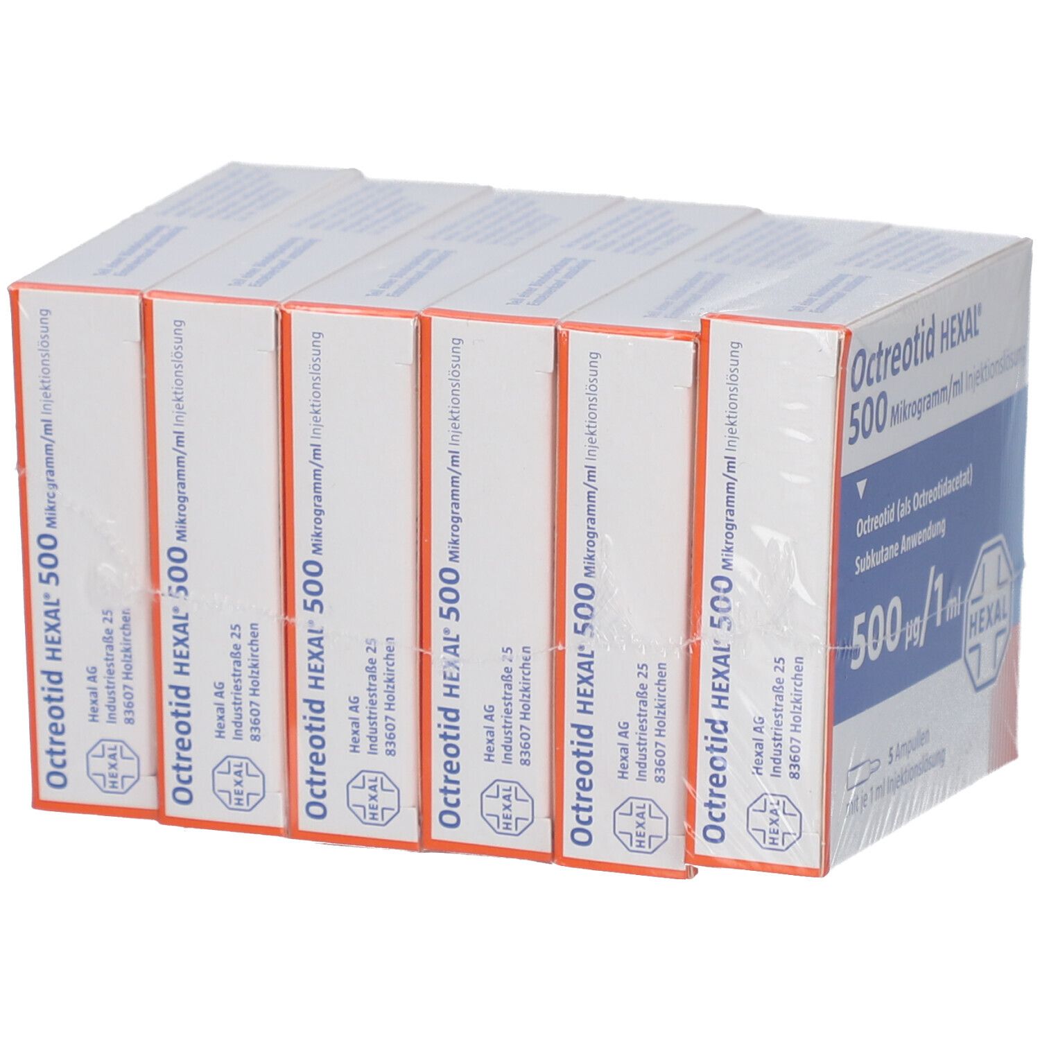 Mehrere verpackte Schachteln Octreotid HEXAL 500 µg/ml. Produktname, Dosierung und Herstellerinformationen sind sichtbar.