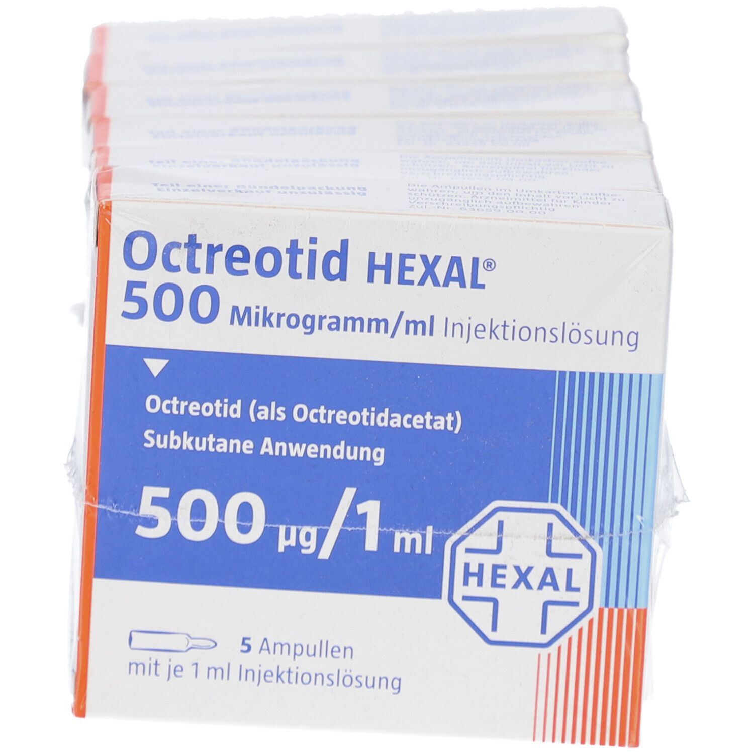 Verpackung von Octreotid HEXAL 500 µg/ml. Enthält 5 Ampullen. Blaue und weiße Schachtel mit Produktinformationen.