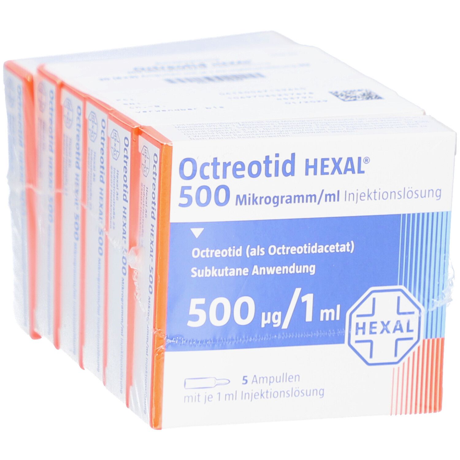 Mehrere verpackte Schachteln Octreotid HEXAL 500 µg/ml. Produktname, Dosierung und Herstellerinformationen sind sichtbar.