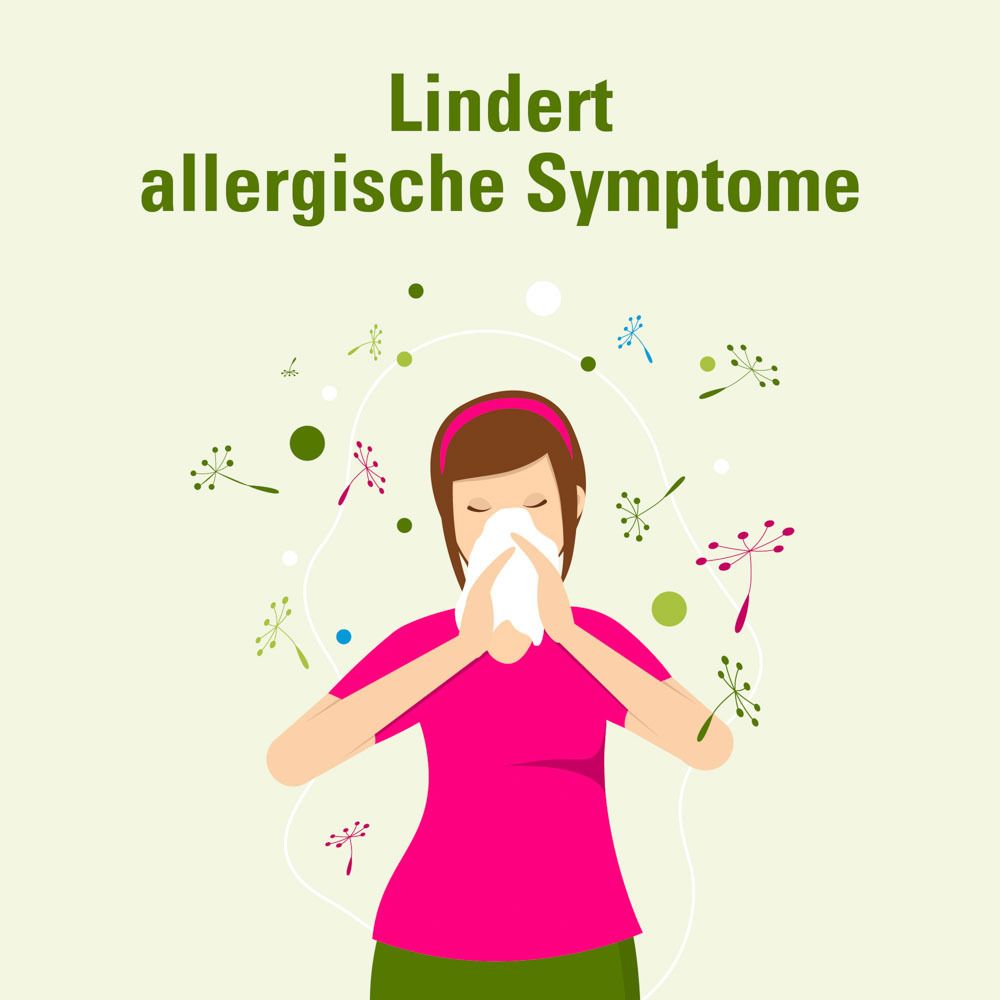 Illustration einer Frau, die sich die Nase putzt, umgeben von Blüten. Text: Lindert allergische Symptome.