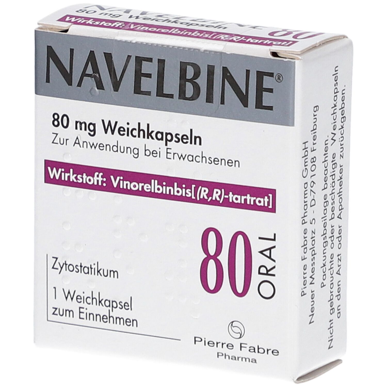 Schachtel Navelbine 80 mg Weichkapseln. Aufschrift: 80 mg, 1 Weichkapsel, oral. Hersteller: Pierre Fabre Pharma.