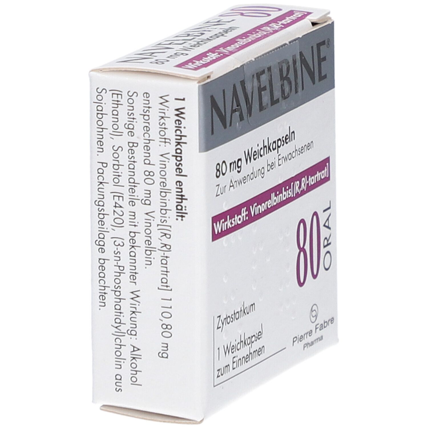 Schachtel Navelbine 80 mg Weichkapseln. Aufschrift: 80 mg, 1 Weichkapsel, oral. Hersteller: Pierre Fabre Pharma.