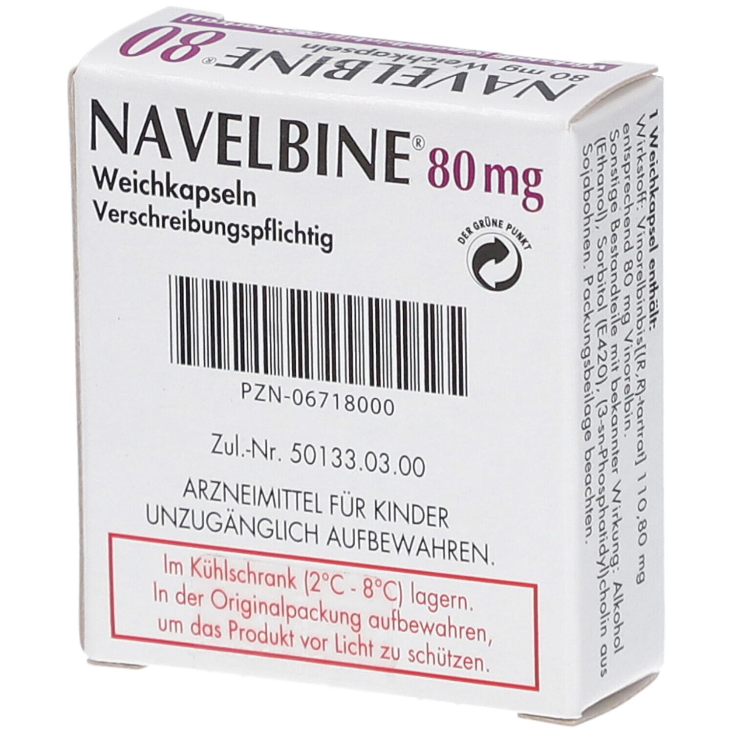 Schachtel Navelbine 80 mg Weichkapseln. Aufschrift: 80 mg, verschreibungspflichtig. Mit Recycling-Symbol.