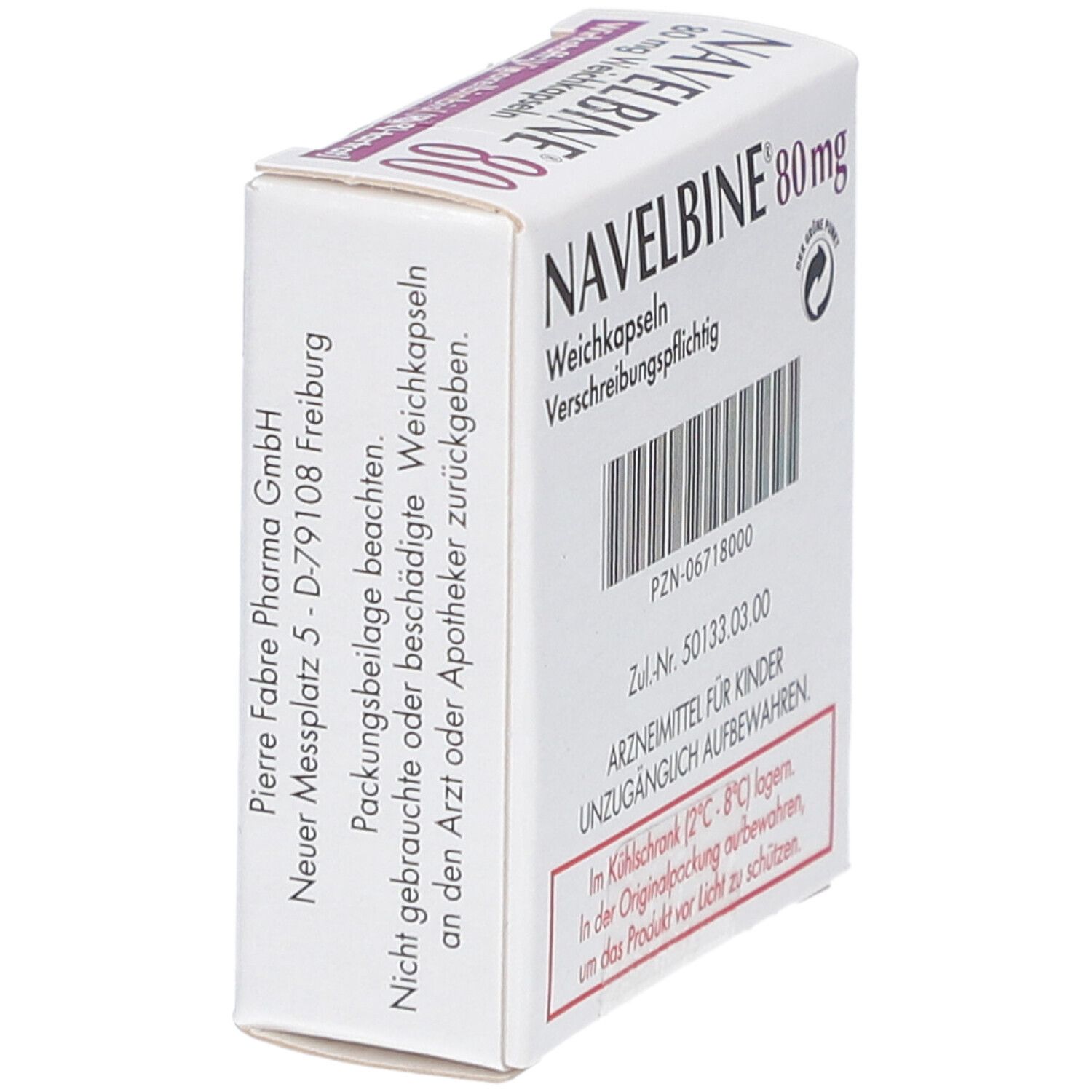 Schachtel Navelbine 80 mg Weichkapseln. Aufschrift: 80 mg, verschreibungspflichtig. Hersteller: Pierre Fabre Pharma.