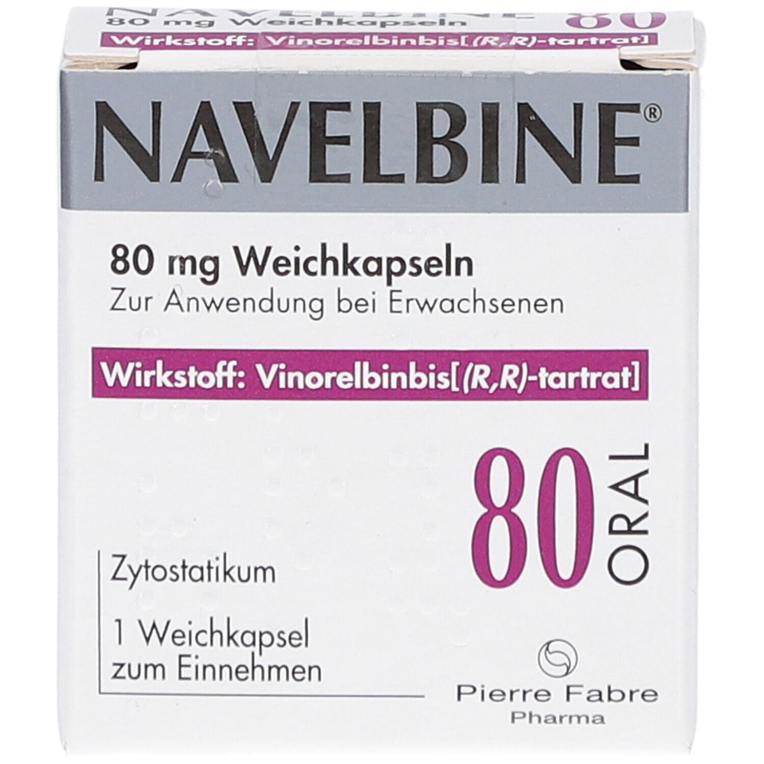 Schachtel Navelbine 80 mg Weichkapseln. Aufschrift: 80 mg, 1 Weichkapsel, oral. Hersteller: Pierre Fabre Pharma.