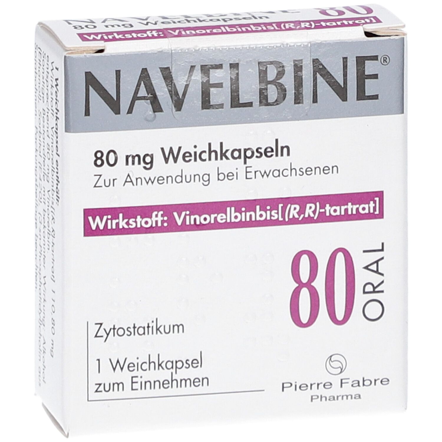 Schachtel Navelbine 80 mg Weichkapseln. Aufschrift: 80 mg, 1 Weichkapsel, oral. Hersteller: Pierre Fabre Pharma.