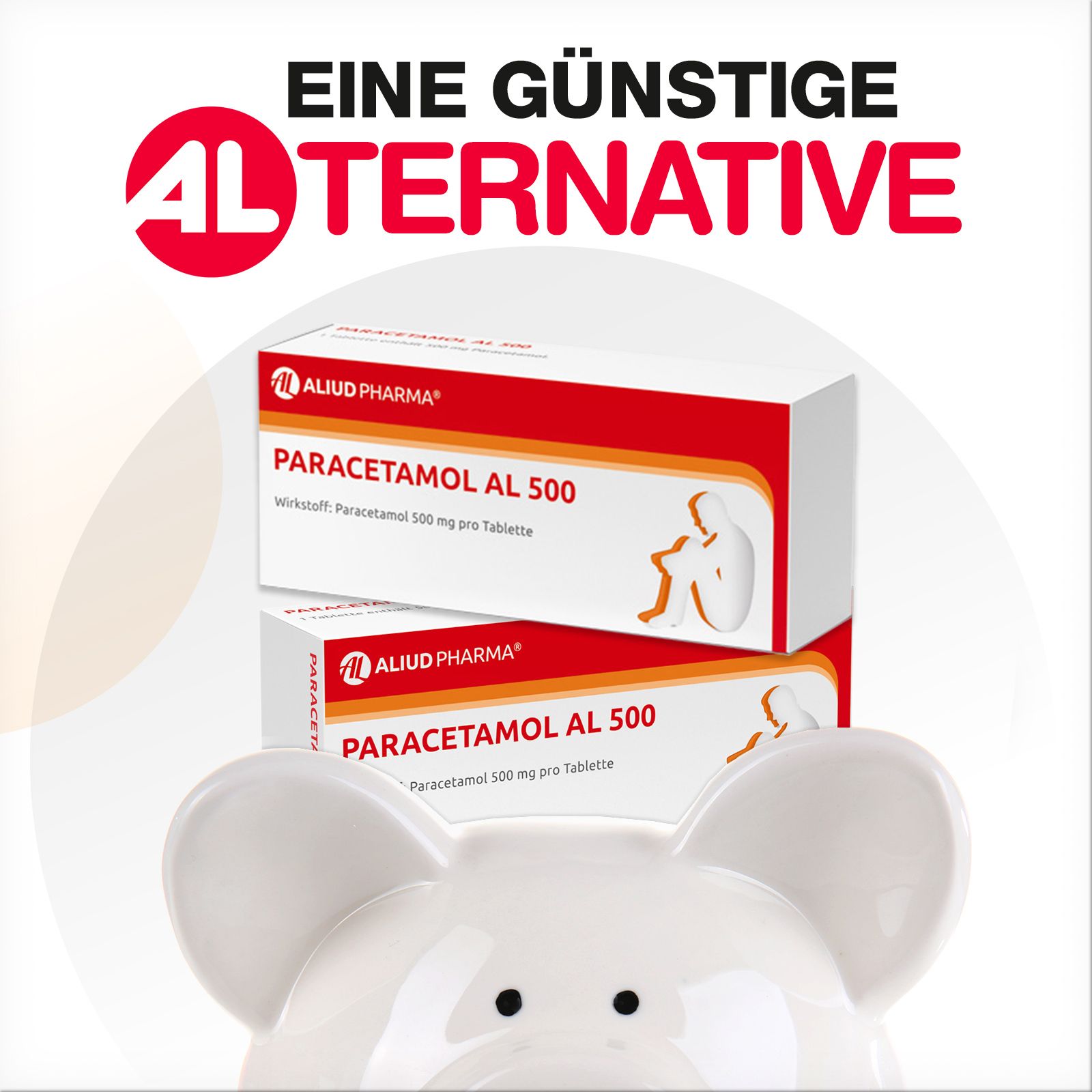 Packung Paracetamol AL 500, 20 Tabletten, für Kinder ab 4 Jahren und Erwachsene.