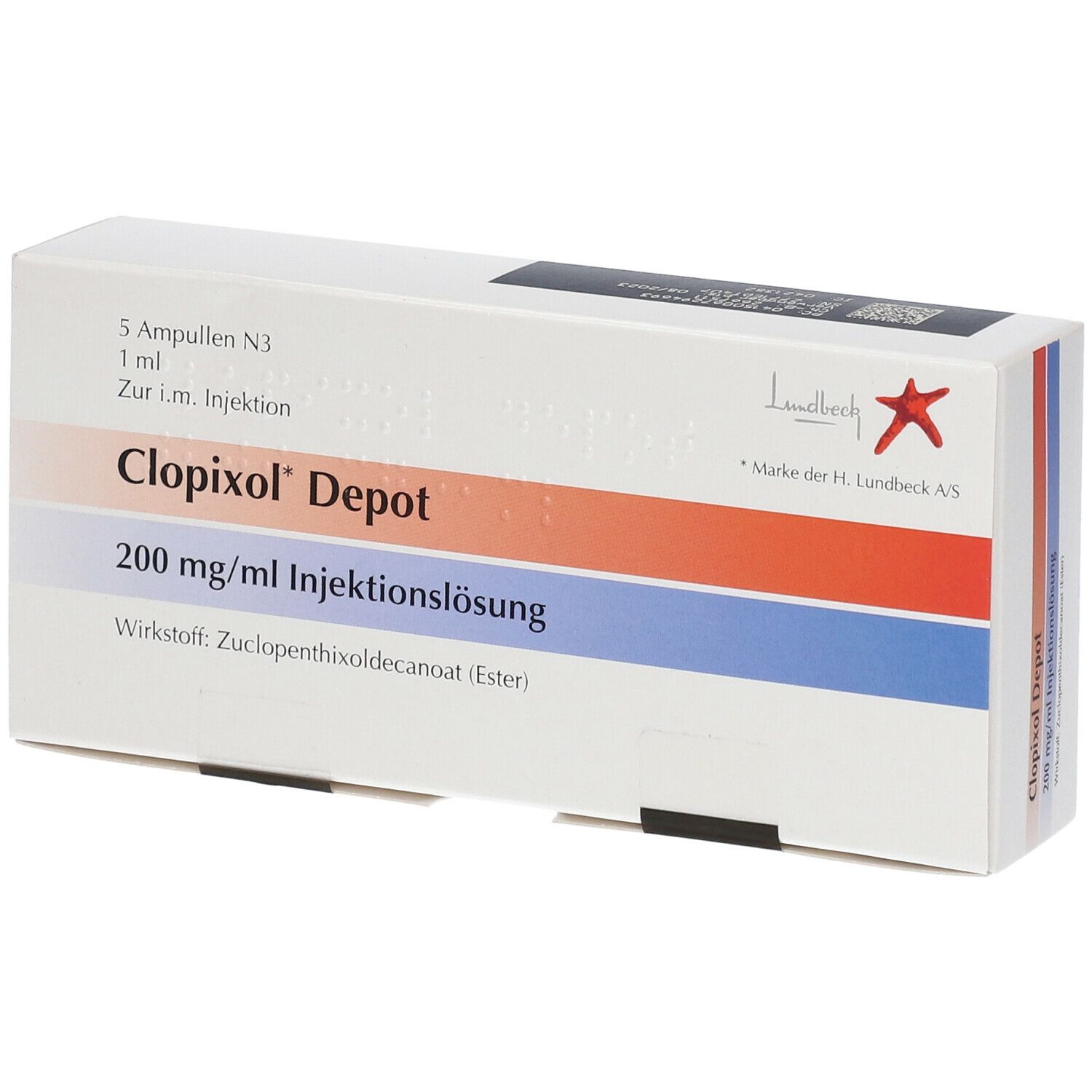 Schachtel mit Clopixol Depot. Enthält 5 Ampullen. Aufschrift: 200 mg/ml Injektionslösung. Hersteller: Lundbeck.