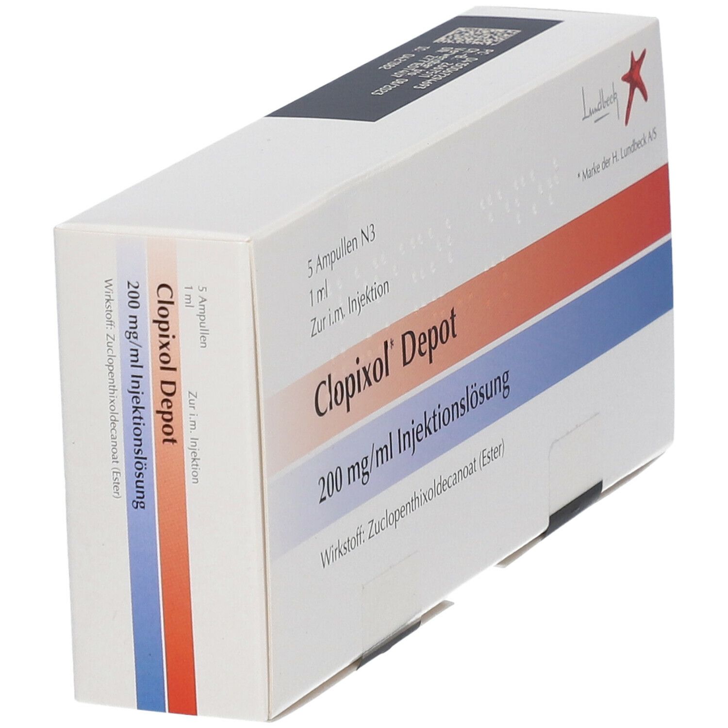 Schachtel Clopixol Depot, schräg. Enthält 5 Ampullen. Aufschrift: 200 mg/ml Injektionslösung. Hersteller: Lundbeck.