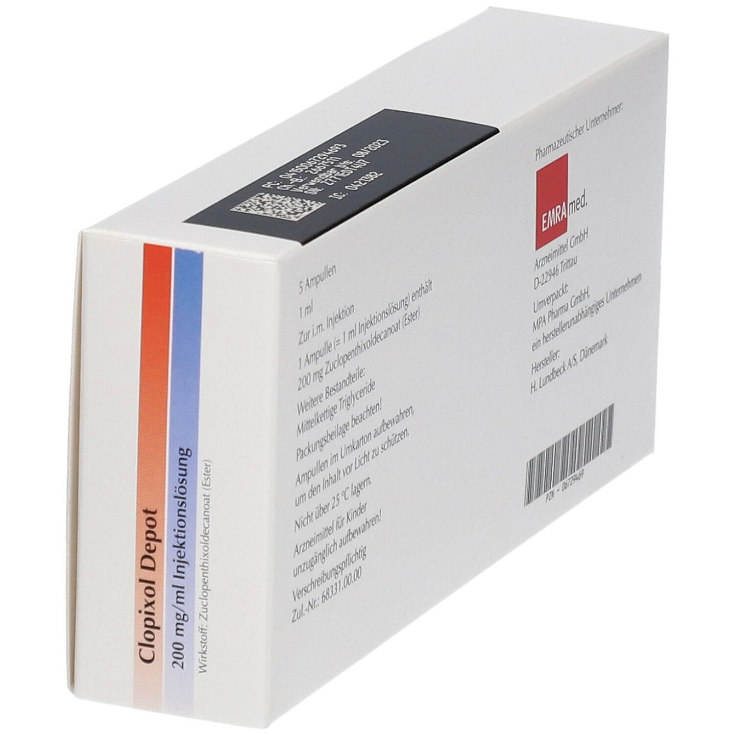 Schachtel Clopixol Depot, schräg. Rückseite mit Informationen. Hersteller: EMRA med. und Lundbeck.