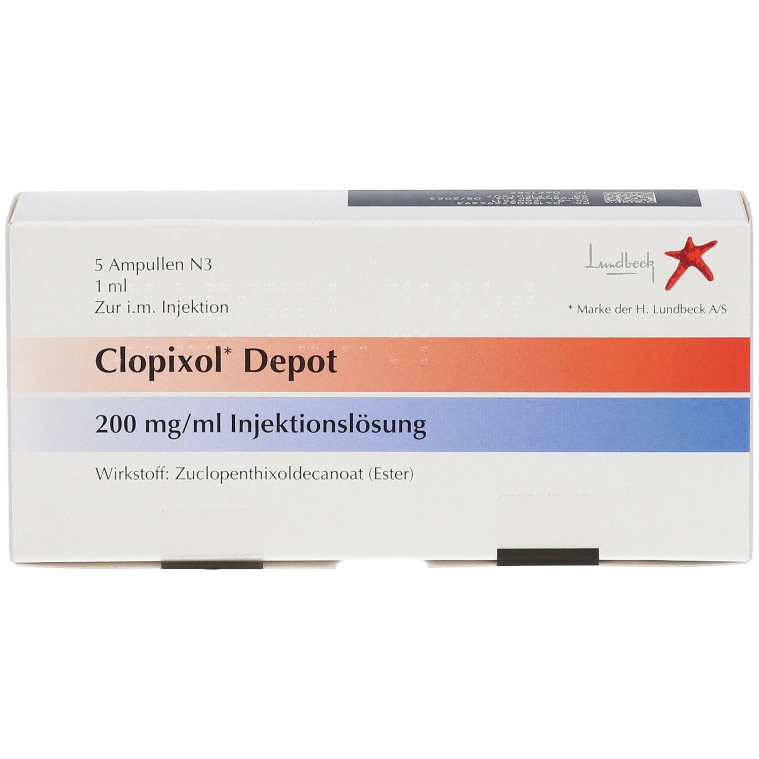 Schachtel mit Clopixol Depot. Enthält 5 Ampullen. Aufschrift: 200 mg/ml Injektionslösung. Hersteller: Lundbeck.