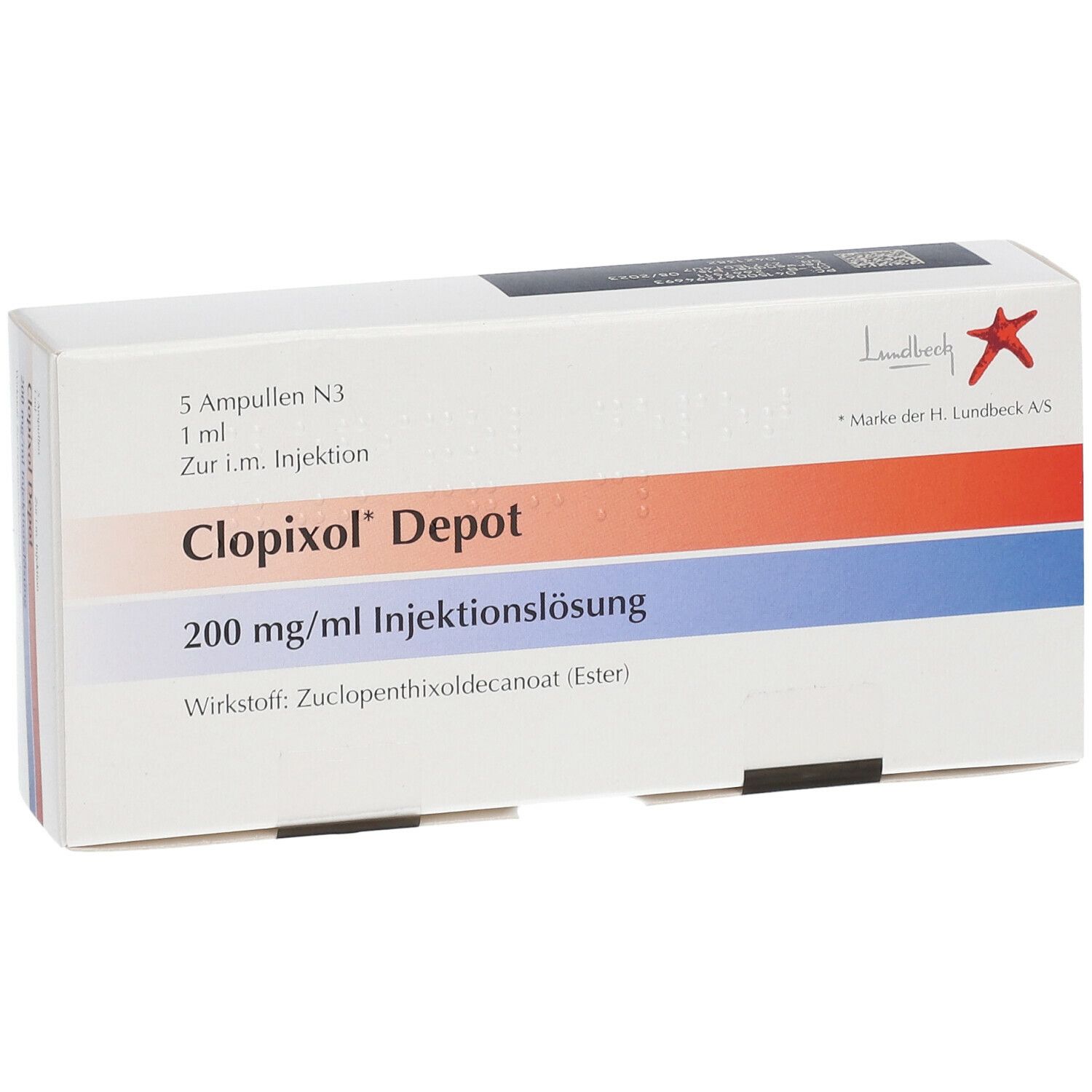 Schachtel mit Clopixol Depot. Enthält 5 Ampullen. Aufschrift: 200 mg/ml Injektionslösung. Hersteller: Lundbeck.