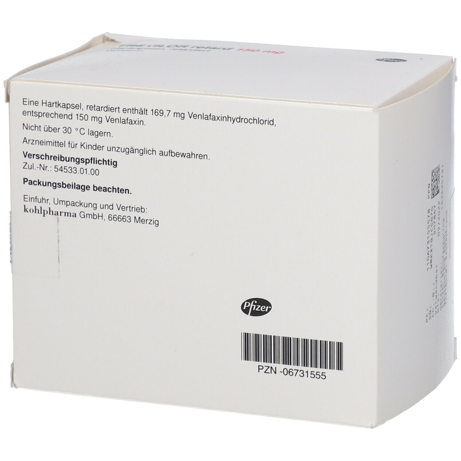 Rückseite einer weißen Medikamentenbox. Text: Inhaltsstoffe, Lagerungshinweise, Verschreibungspflichtig. Pfizer Logo. Barcode.