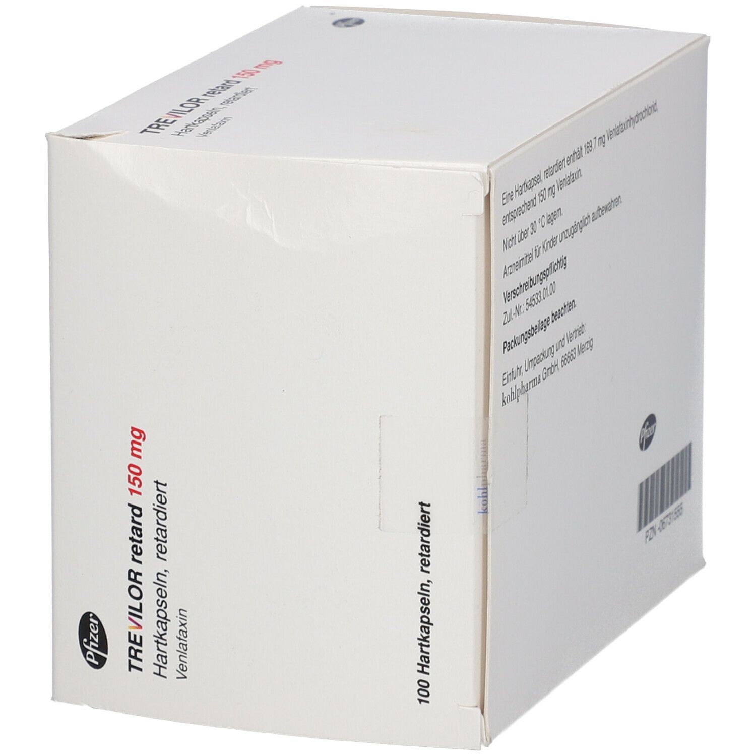 Schräg stehende weiße Medikamentenbox. Aufschrift: TREVILOR retard 150 mg. 100 Hartkapseln, retardiert. Pfizer Logo. Barcode.