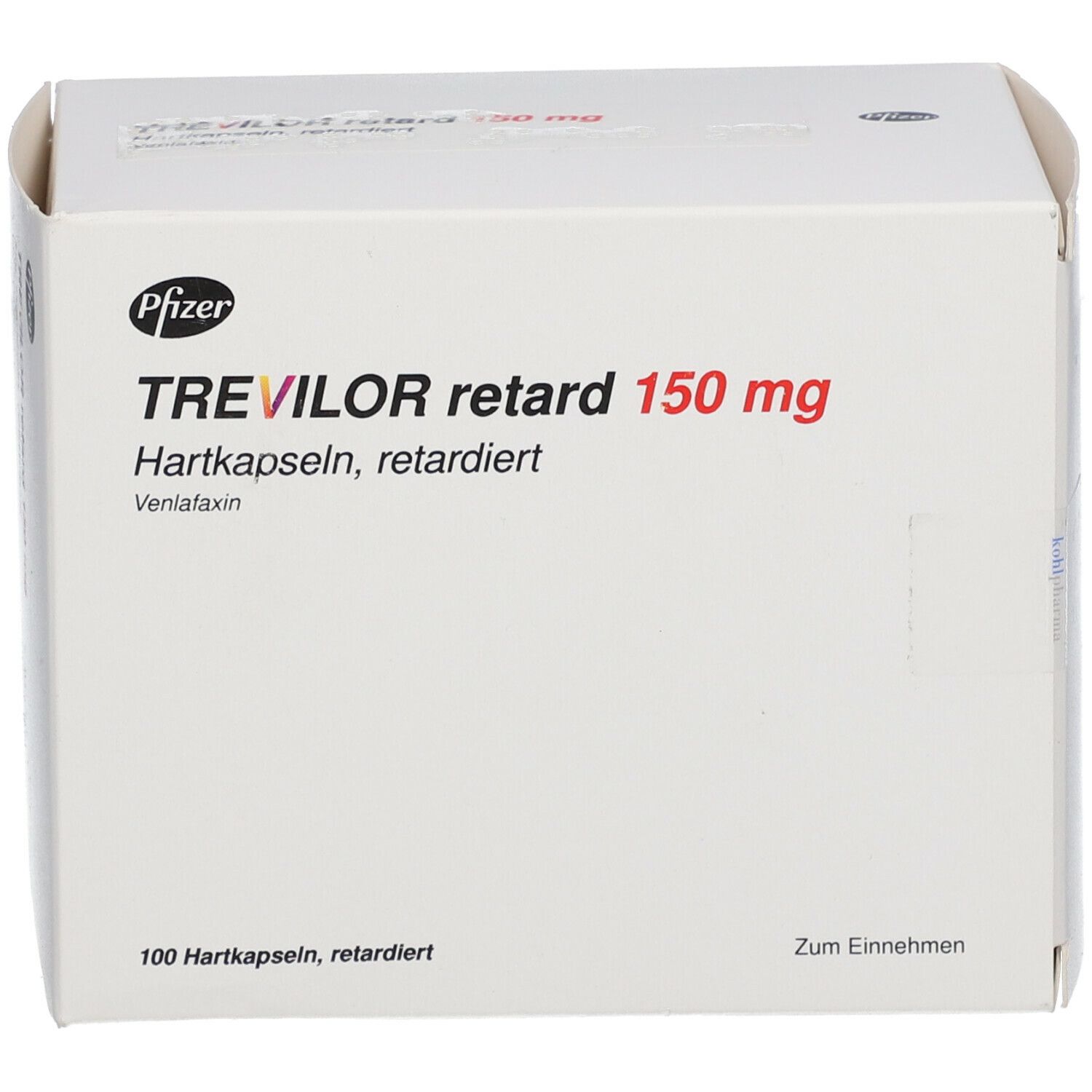 Weiße Medikamentenbox mit roter und schwarzer Schrift. Aufschrift: TREVILOR retard 150 mg. 100 Hartkapseln, retardiert. Pfizer Logo.