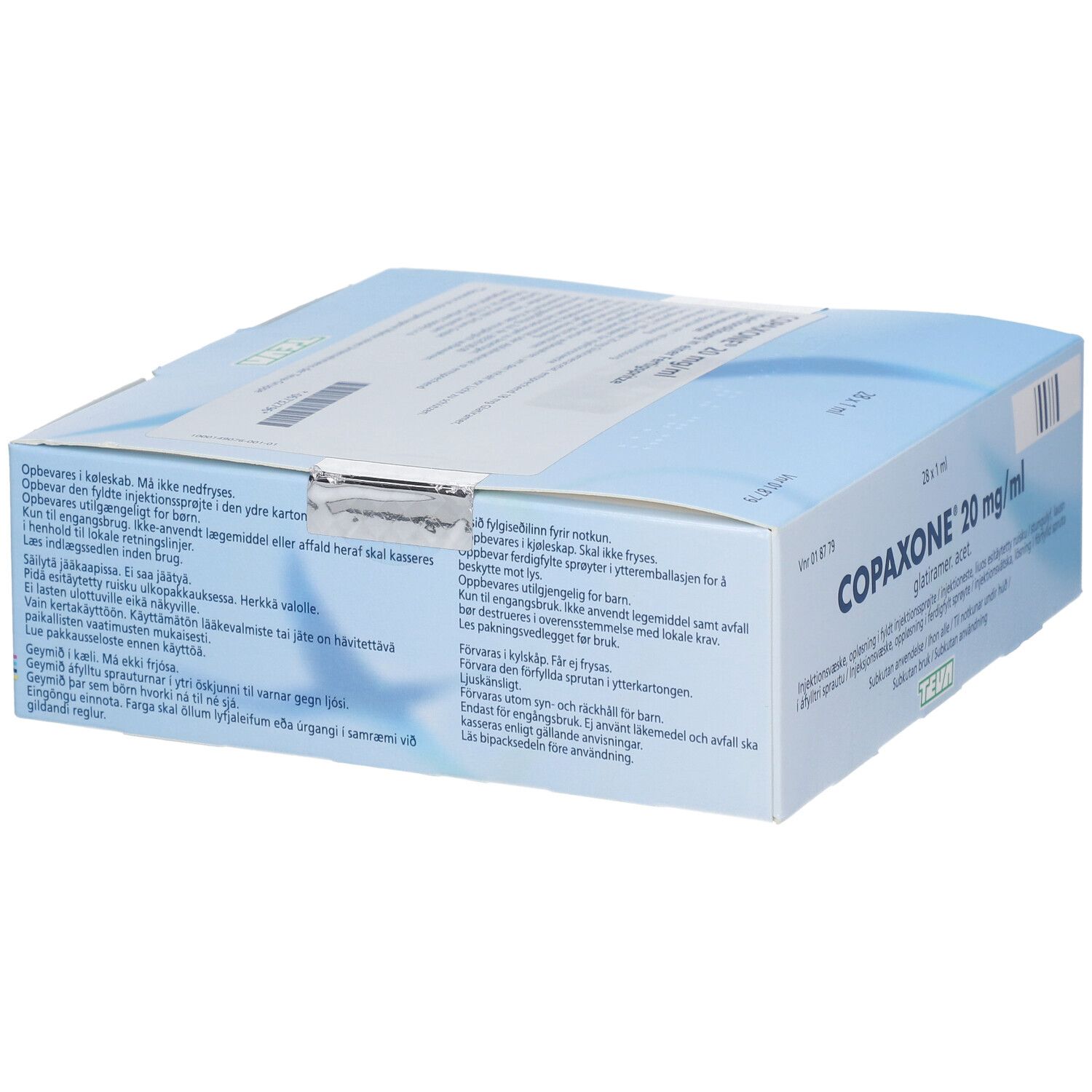 Blau-weiße Schachtel mit Copaxone 20 mg/ml. Enthält Informationen und Warnhinweise. Teva-Logo.