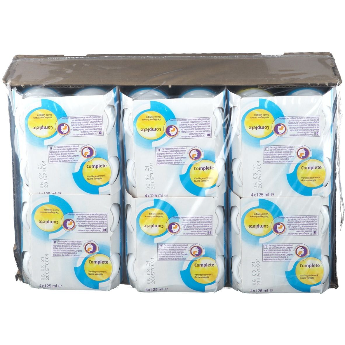 Verpackung mit mehreren Einheiten. Jede Einheit trägt das Wort "Complete" und eine blaue und gelbe Grafik. Die Einheiten sind in Folie verpackt.